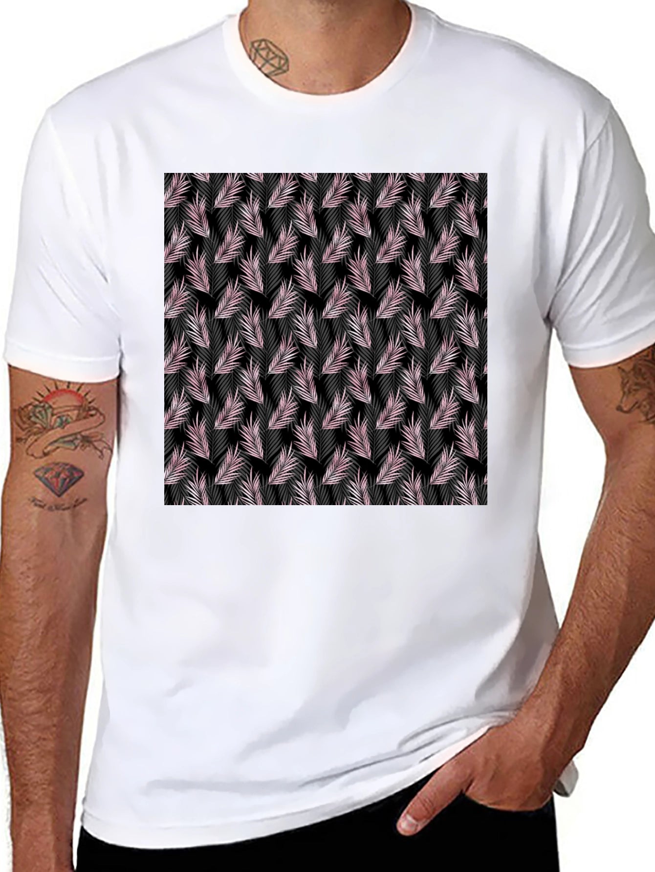 Tropical Leaf Pattern Black T-Shirt