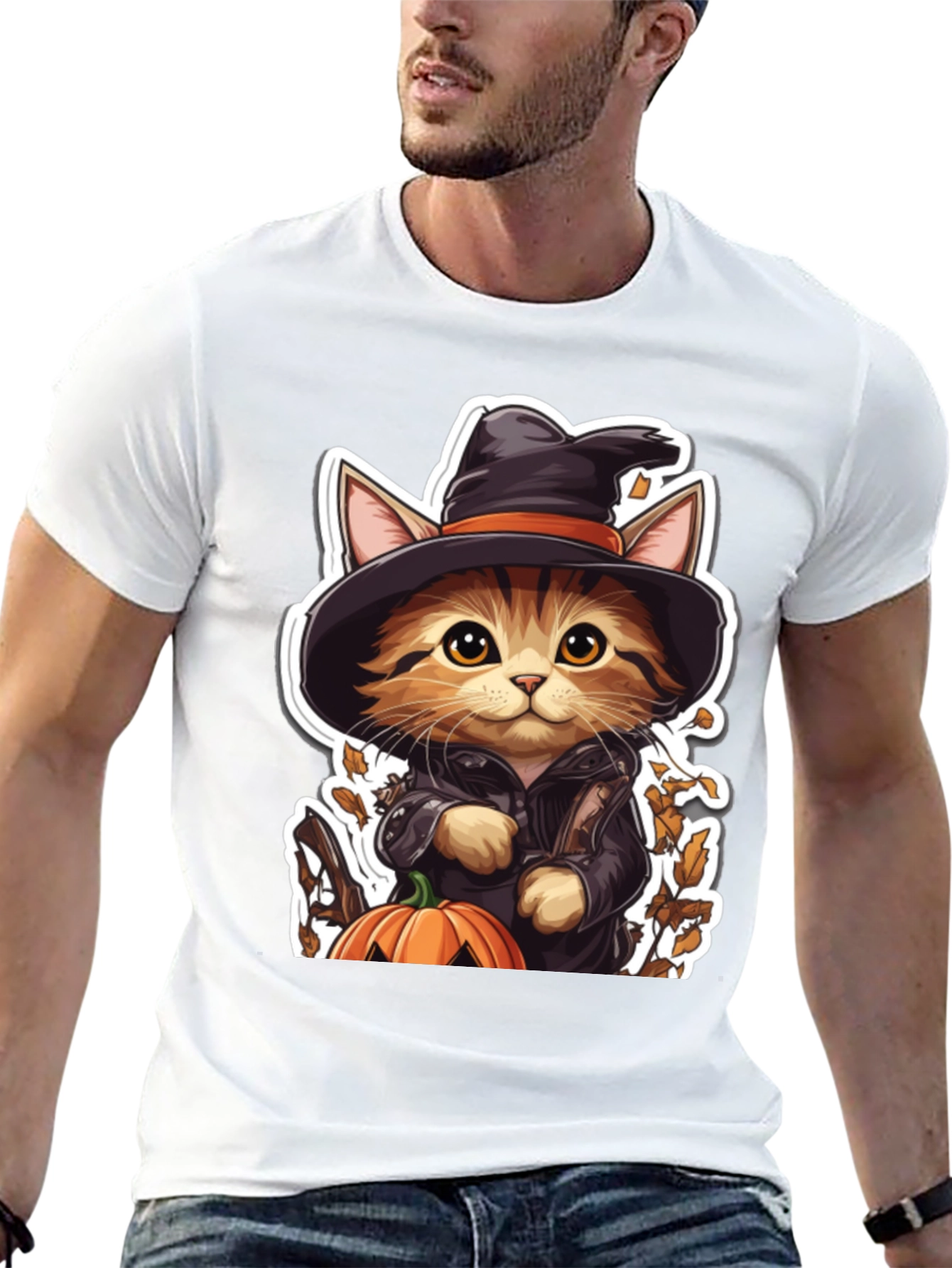 Halloween Cat T-Shirt - Witch Cat with Pumpkin