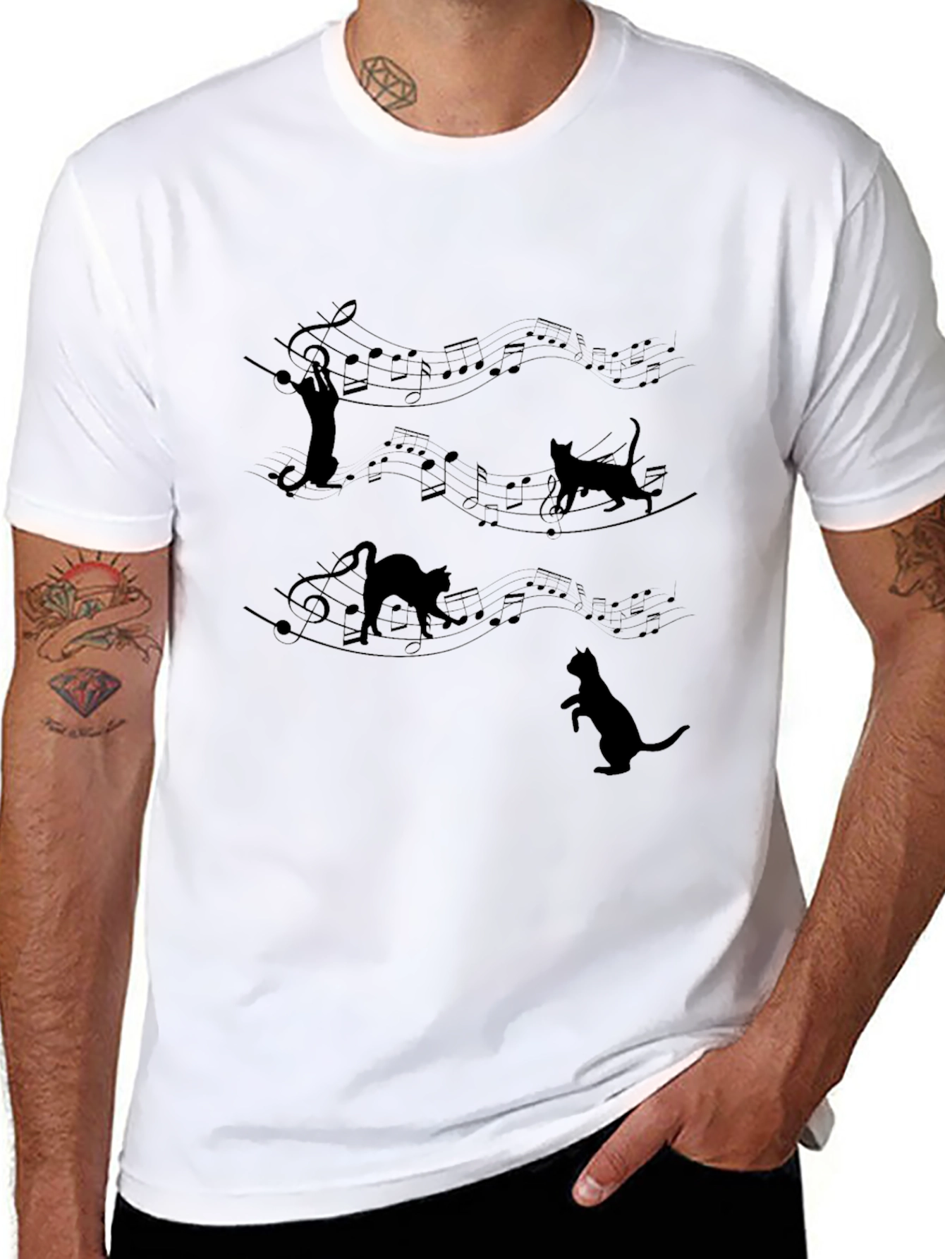 Musical Cat T-Shirt - Black Crew Neck