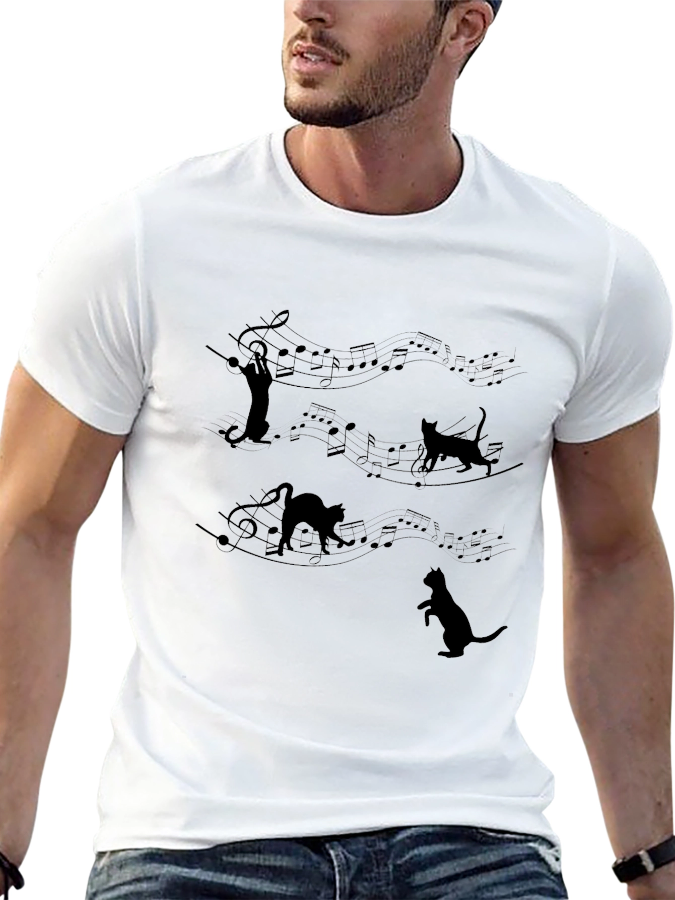 Musical Cat T-Shirt - Black Crew Neck