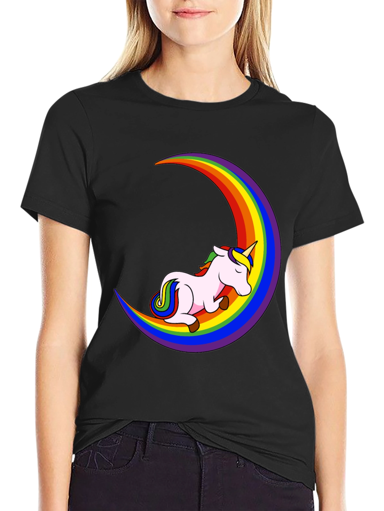 Unicorn Rainbow Moon Black T-Shirt