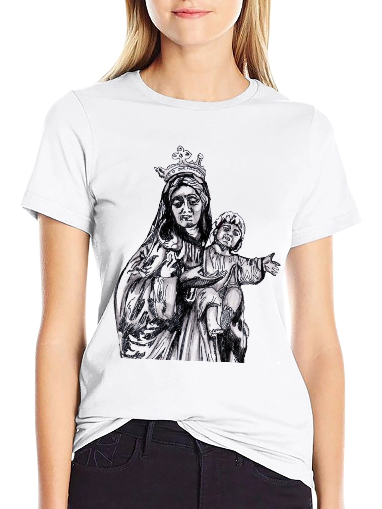Virgin Mary & Child Graphic T-Shirt - Black