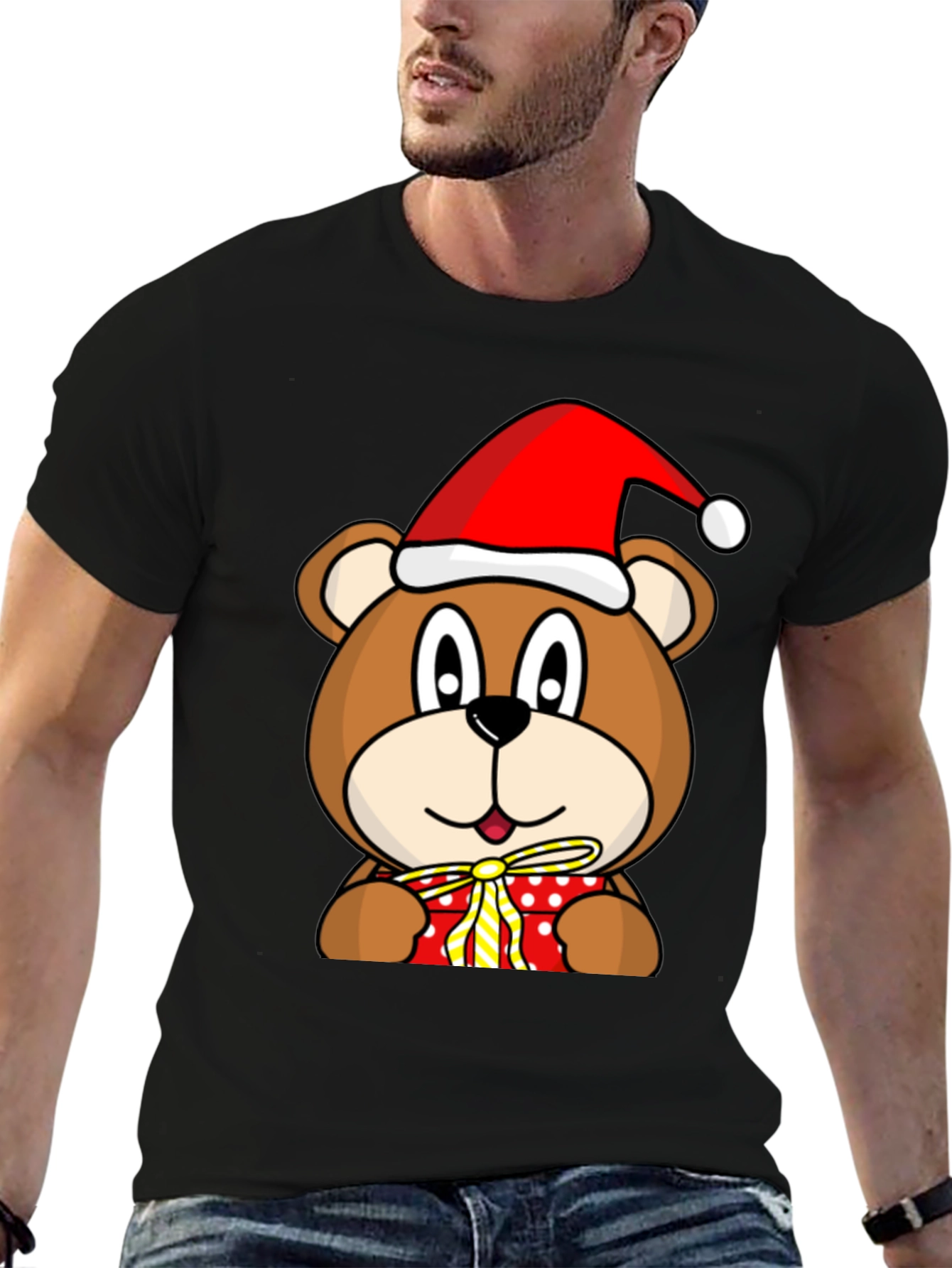 Festive Bear T-Shirt with Santa Hat and Gift
