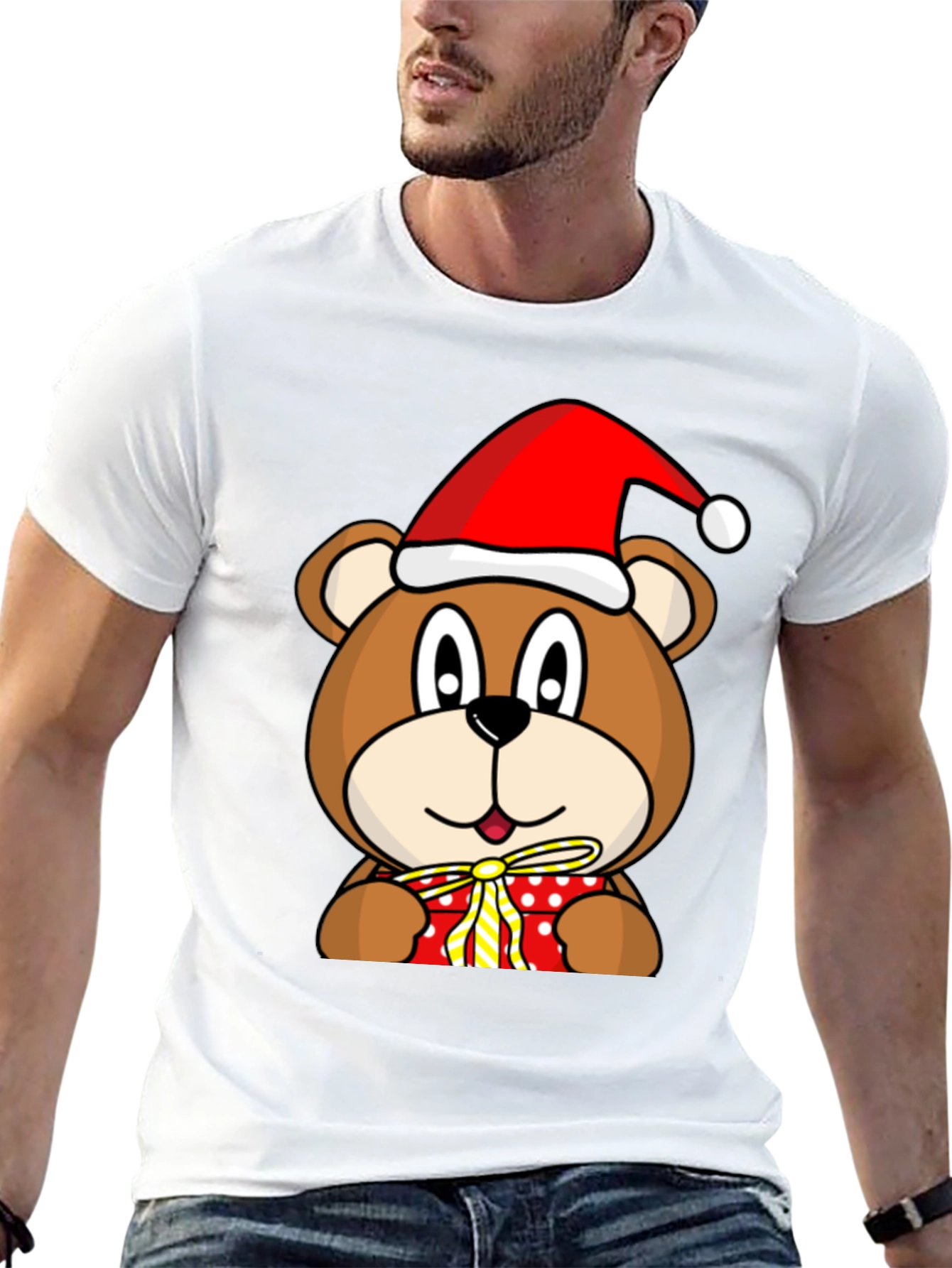 Festive Bear T-Shirt with Santa Hat and Gift