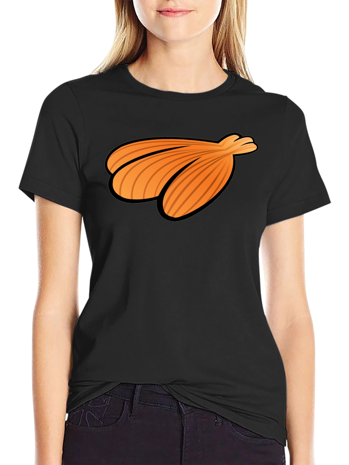 Orange Seashell Graphic Print Black T-Shirt