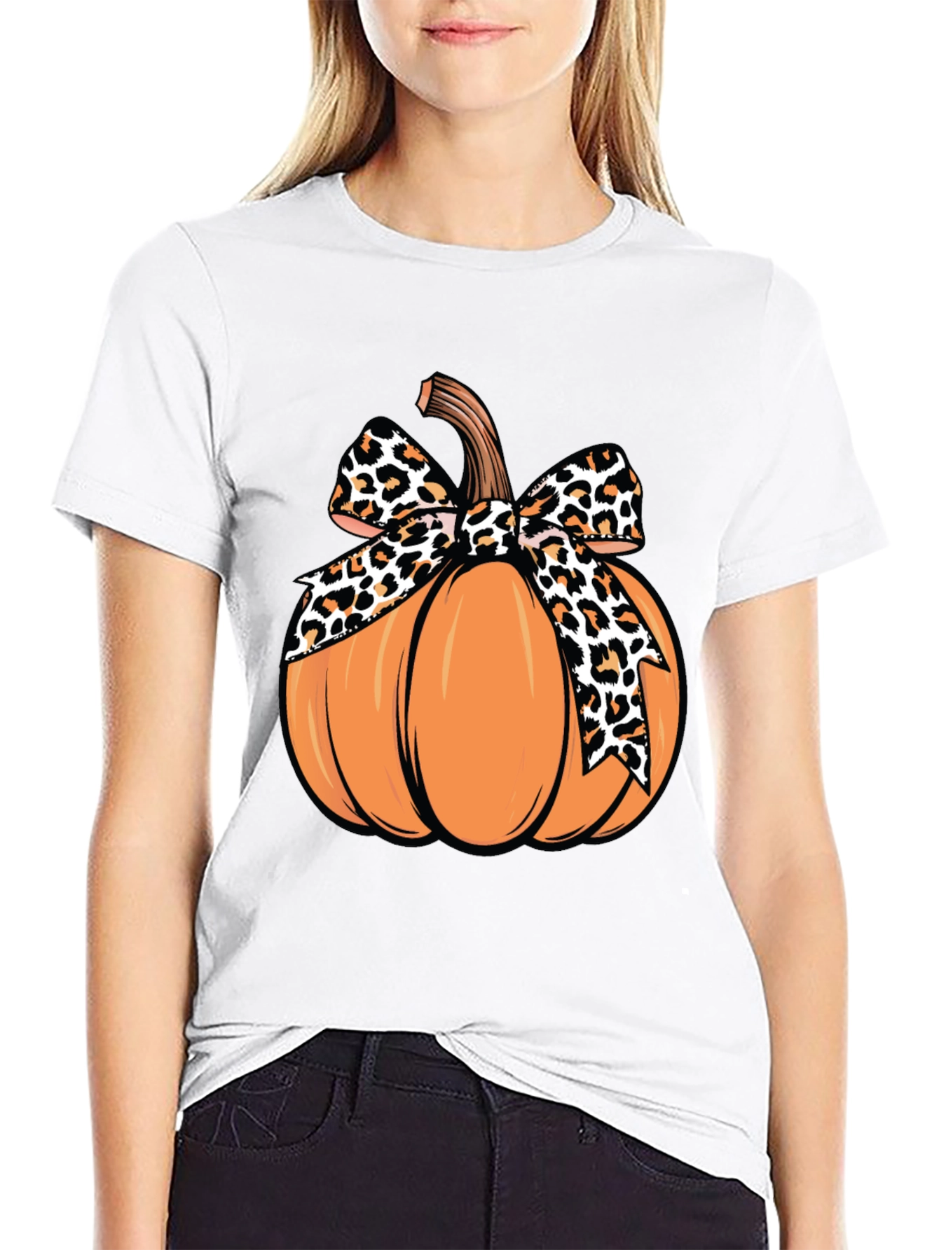 Pumpkin Leopard Bow T-Shirt - Fall Apparel
