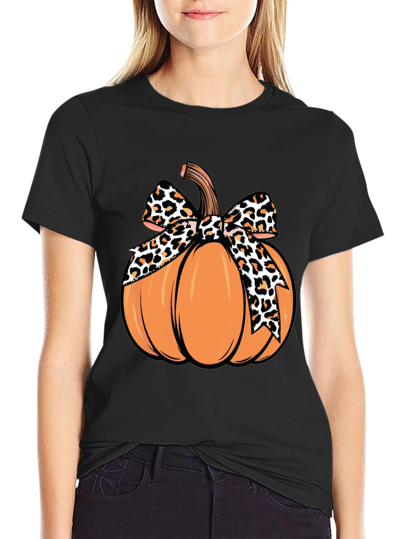 Pumpkin Leopard Bow T-Shirt - Fall Apparel