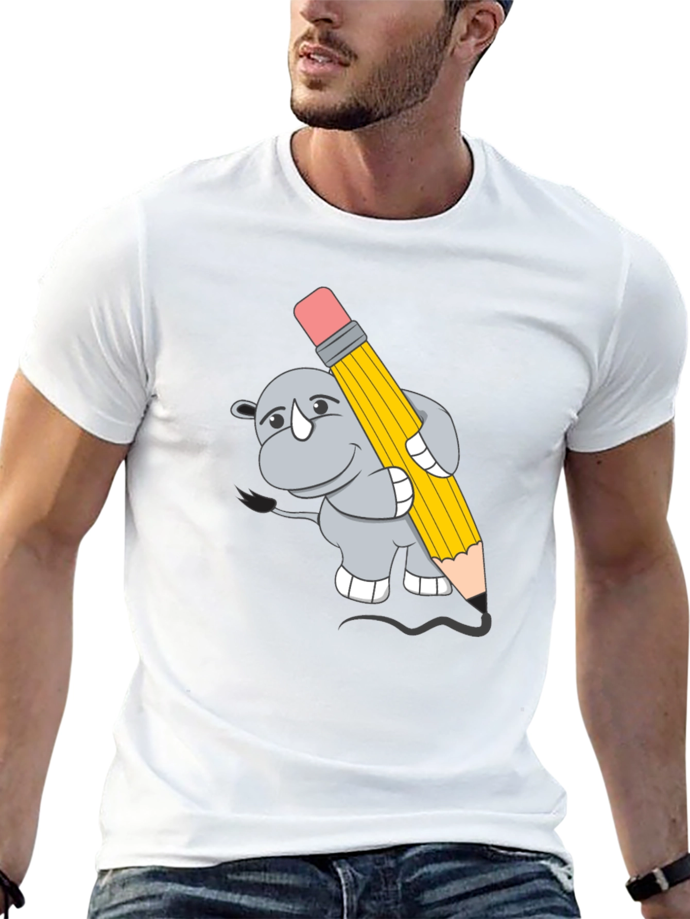 Rhino with Pencil Graphic Tee - Unisex Black T-Shirt