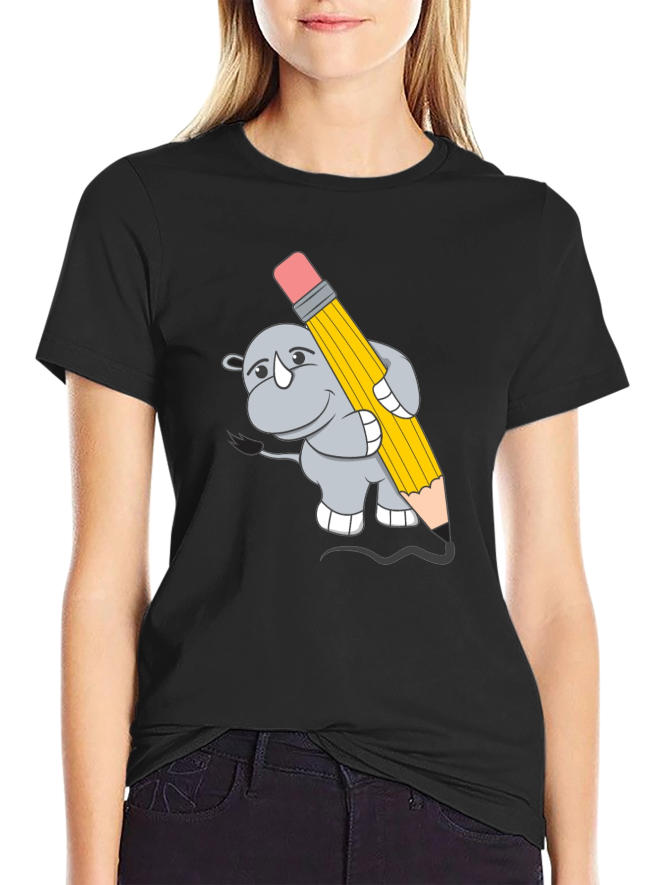 Rhino with Pencil Graphic Tee - Unisex Black T-Shirt