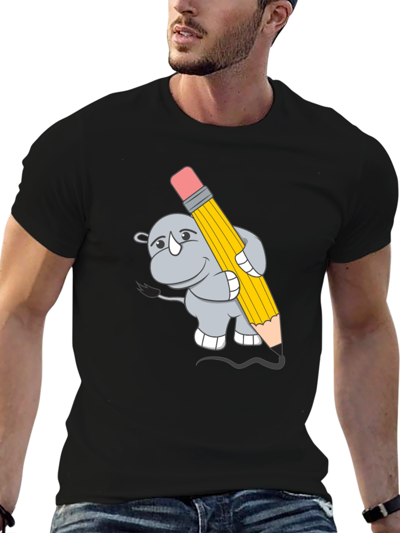 Rhino with Pencil Graphic Tee - Unisex Black T-Shirt