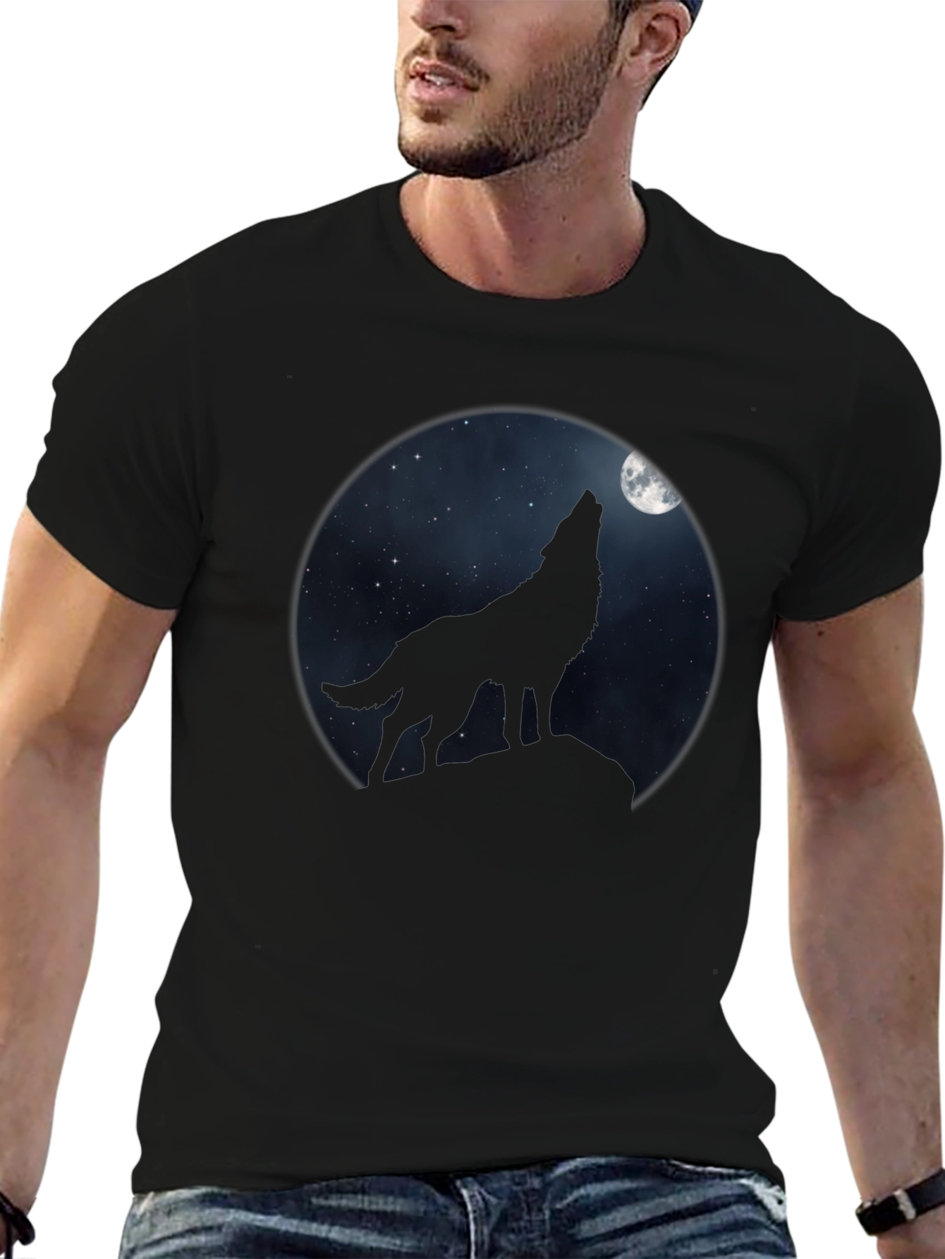 Wolf Howling at Moon Black T-Shirt