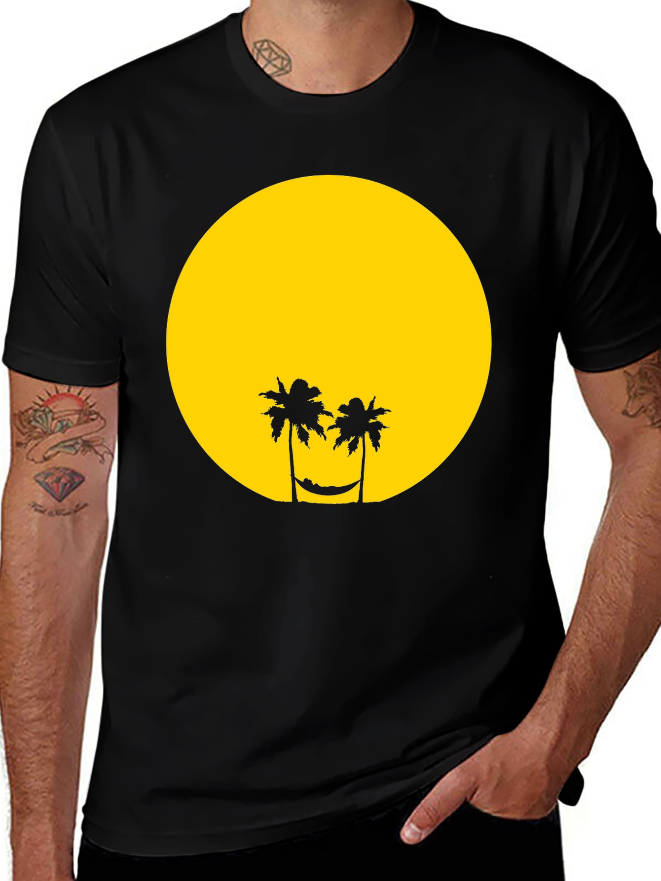Tropical Sunset Graphic Tee - Black Cotton T-Shirt
