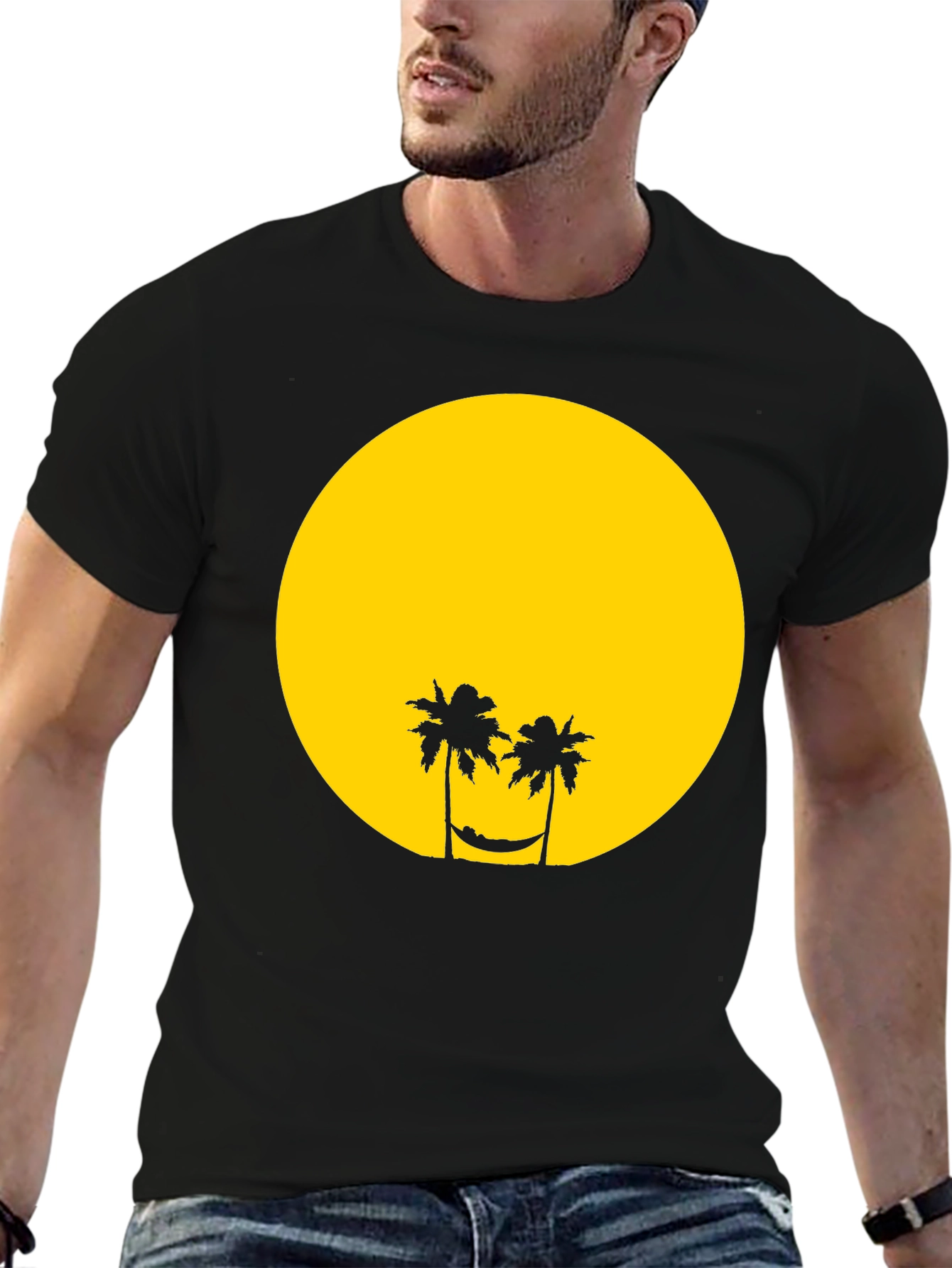 Tropical Sunset Graphic Tee - Black Cotton T-Shirt