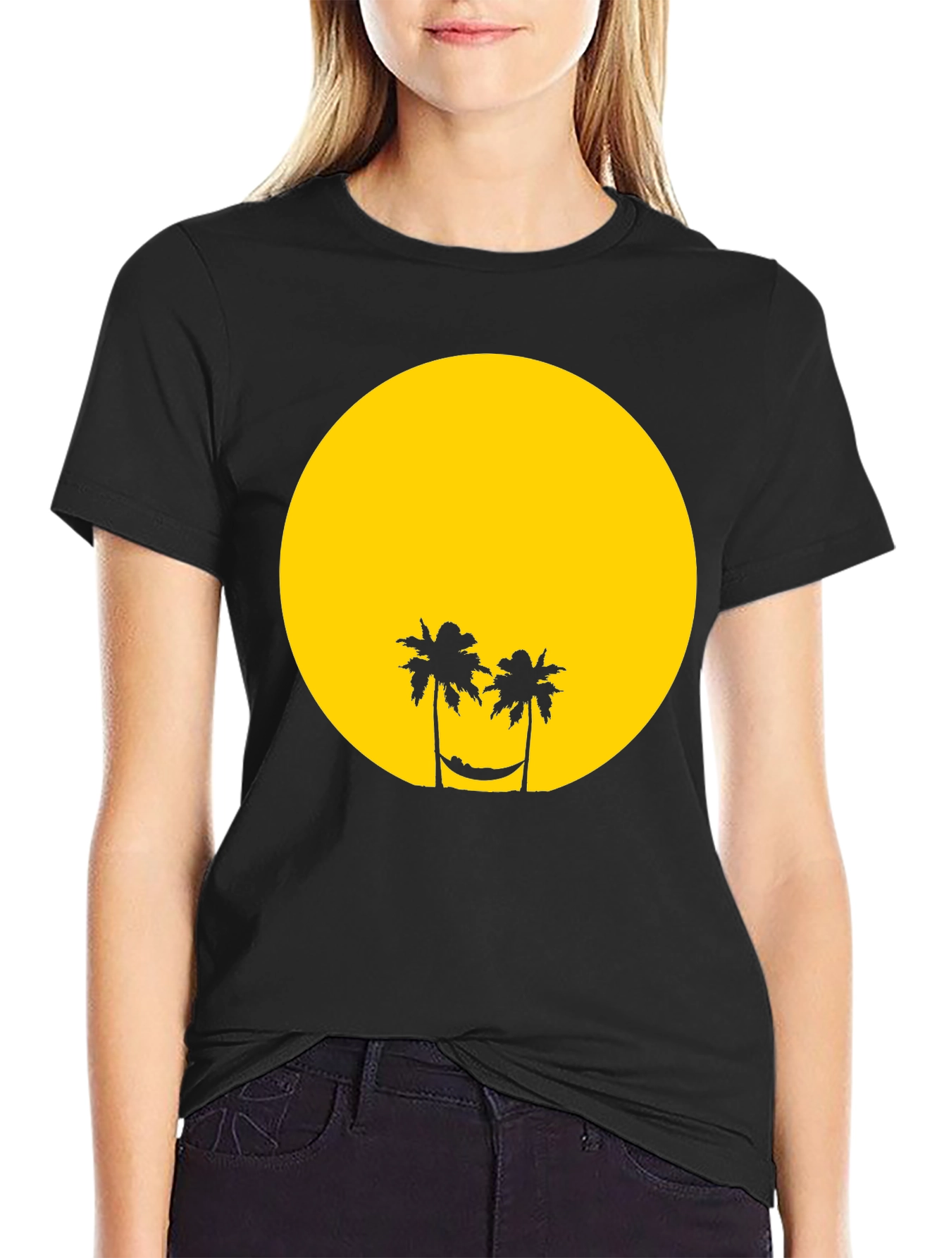 Tropical Sunset Graphic Tee - Black Cotton T-Shirt
