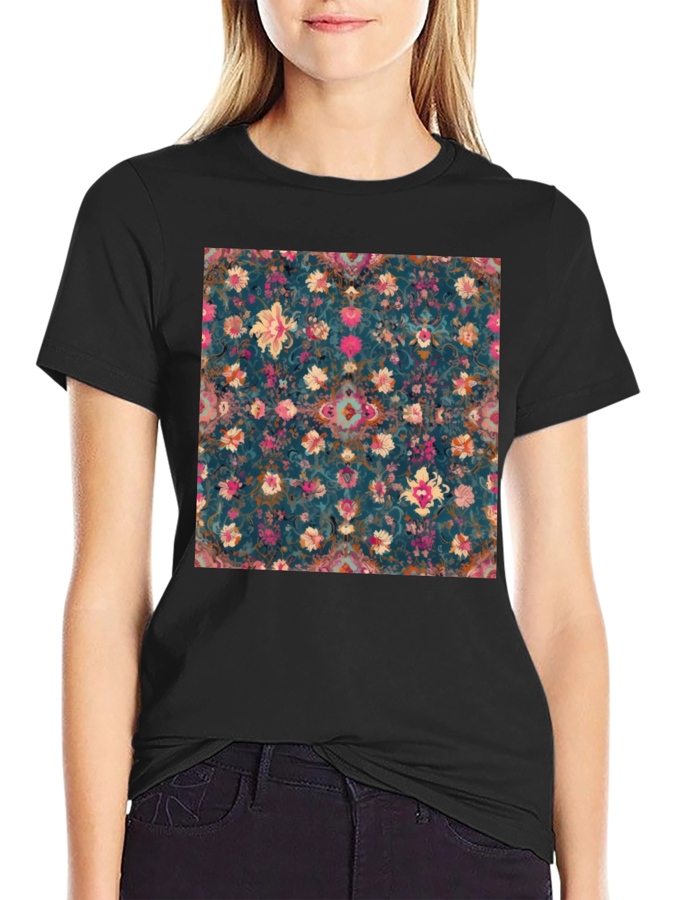 Floral Pattern Black T-Shirt