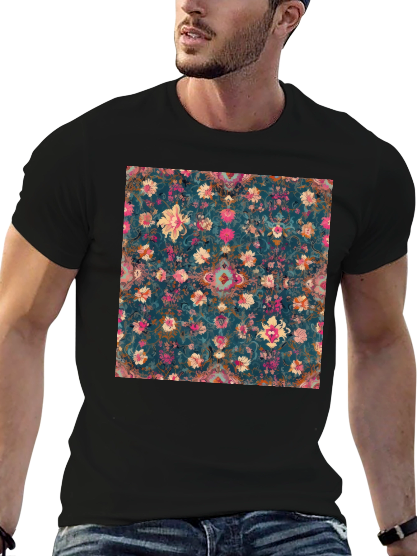 Floral Pattern Black T-Shirt