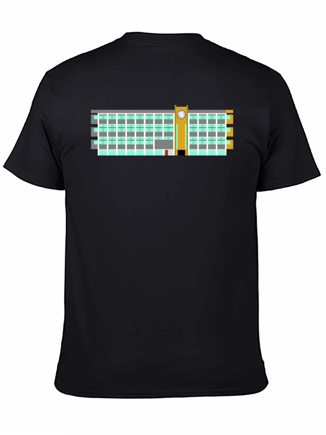Clock Tower Building Graphic Tee - Black Cotton T-Shirt