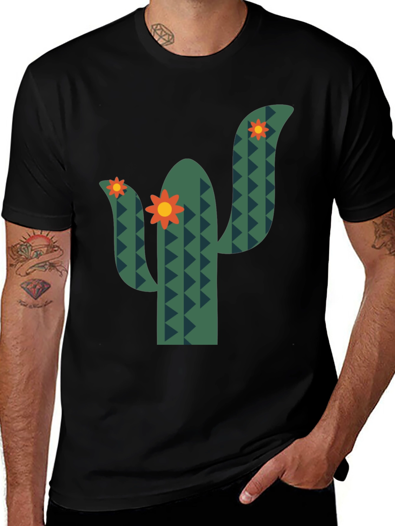 Cactus Flower Graphic Tee - Black Cotton T-Shirt