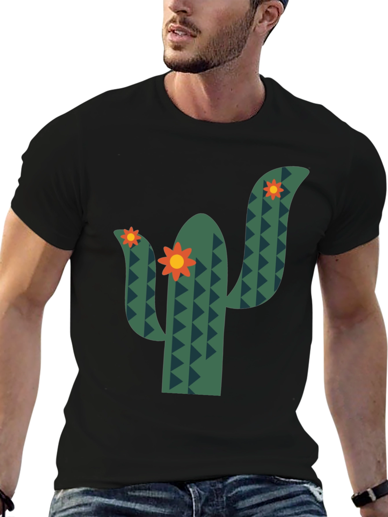 Cactus Flower Graphic Tee - Black Cotton T-Shirt