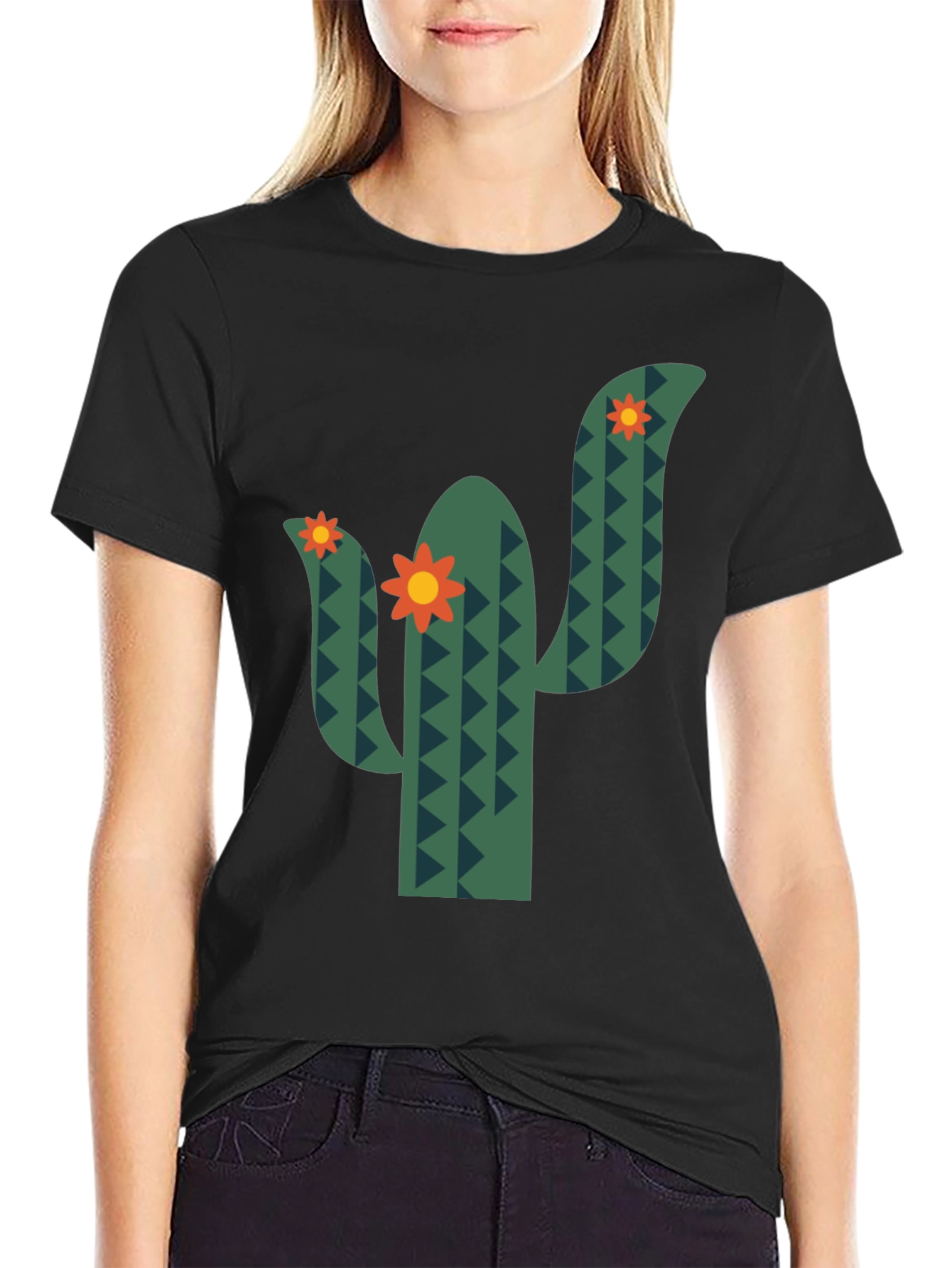 Cactus Flower Graphic Tee - Black Cotton T-Shirt