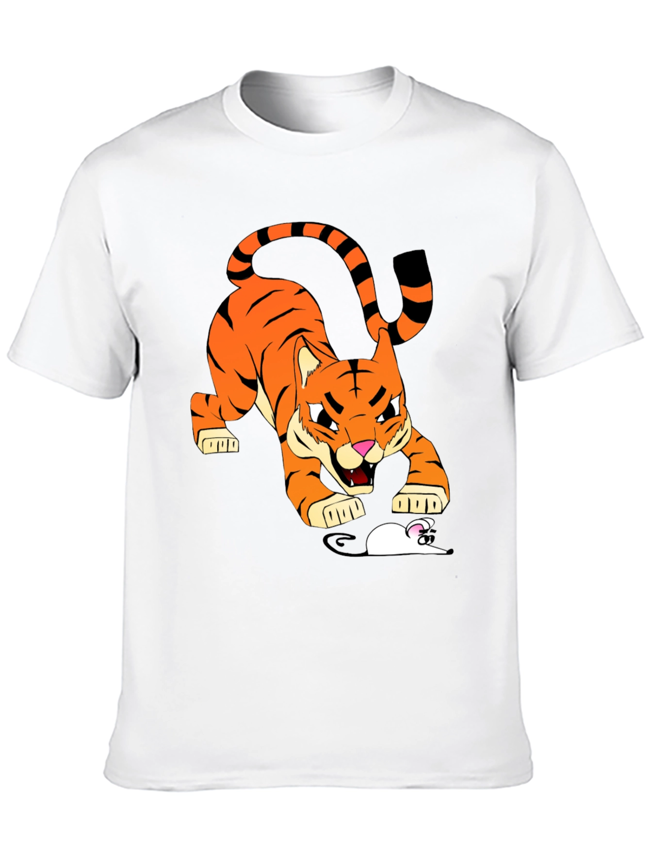 Tiger vs Mouse Cartoon Graphic Black T-Shirt