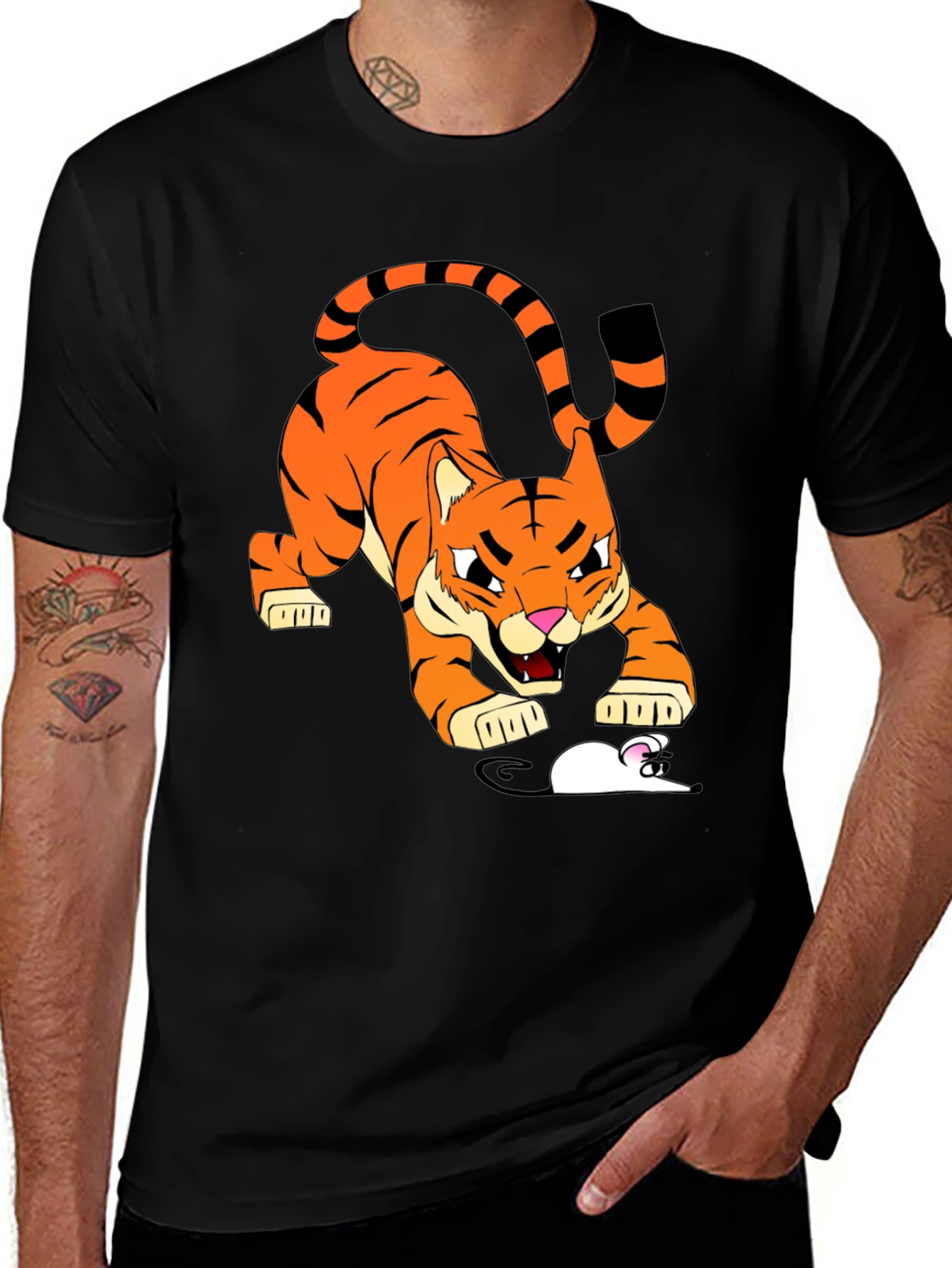 Tiger vs Mouse Cartoon Graphic Black T-Shirt
