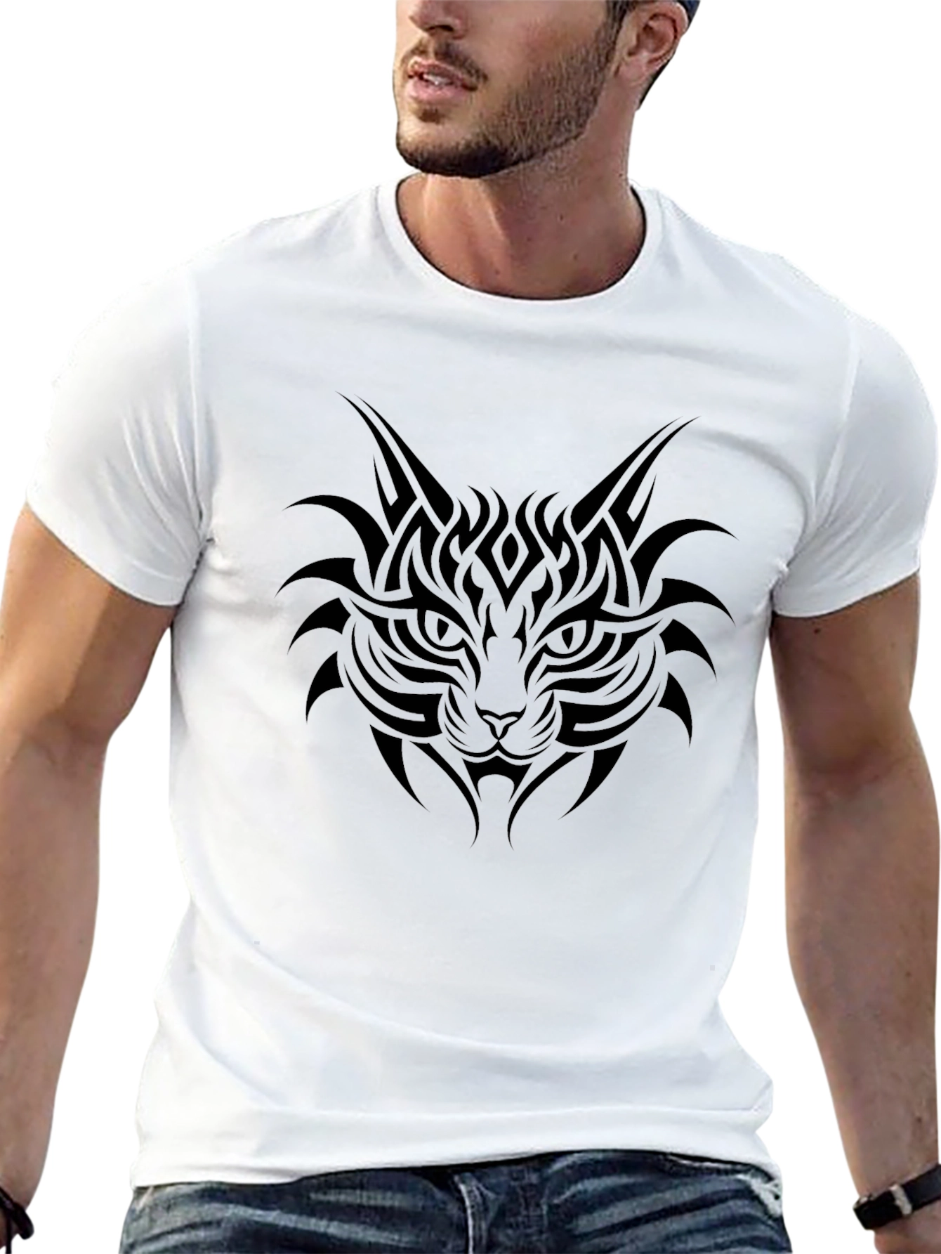 Mens Black T-Shirt with Tribal Cat Graphic