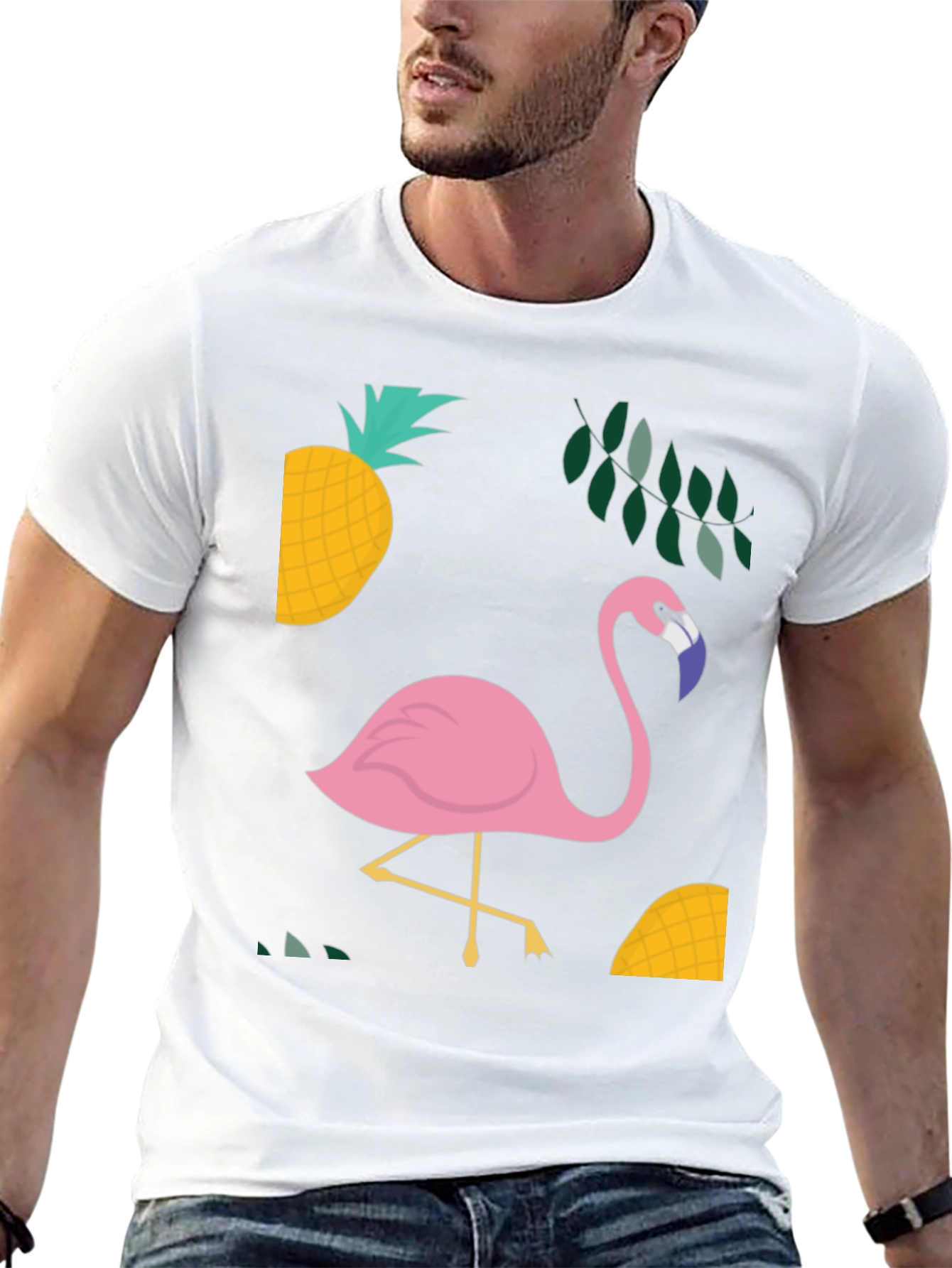 Tropical Flamingo Graphic Tee - Black Cotton Shirt