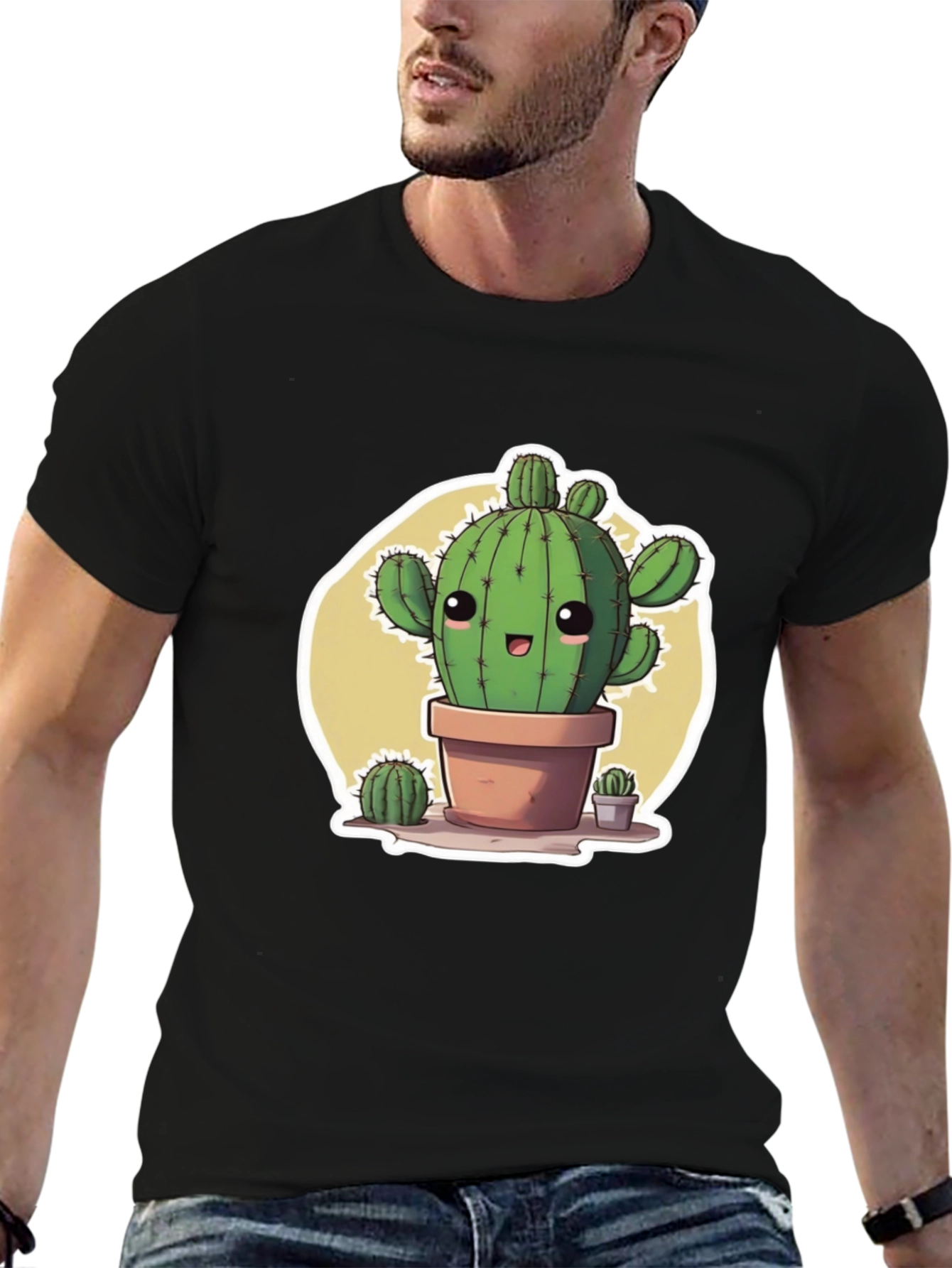 Cute Cartoon Cactus Black T-Shirt