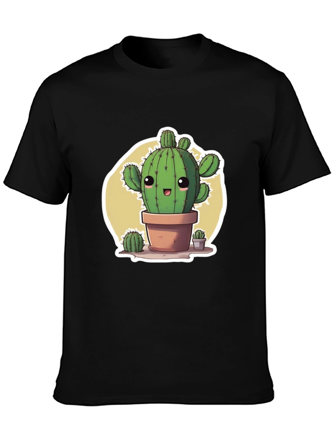 Cute Cartoon Cactus Black T-Shirt