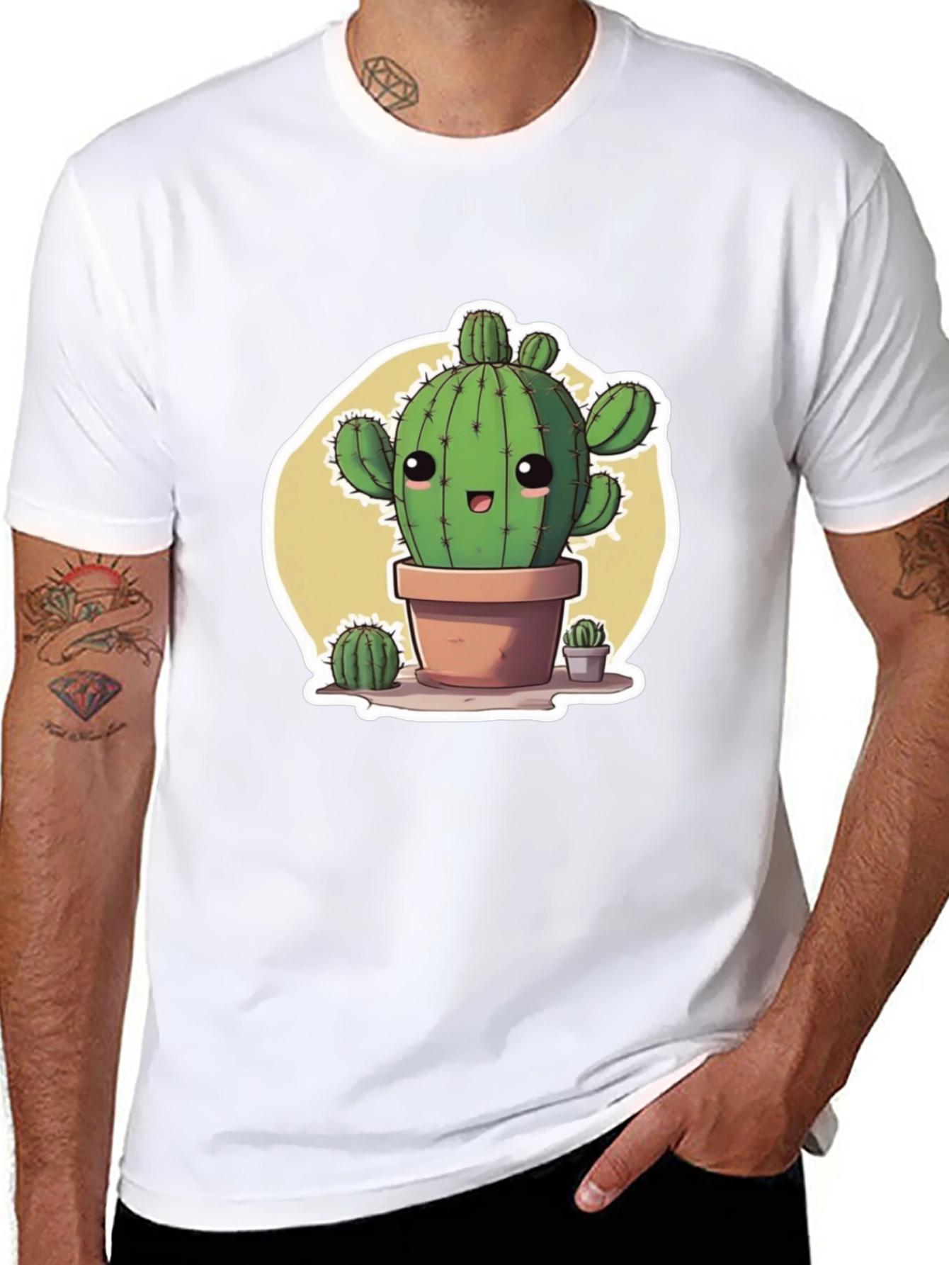 Cute Cartoon Cactus Black T-Shirt