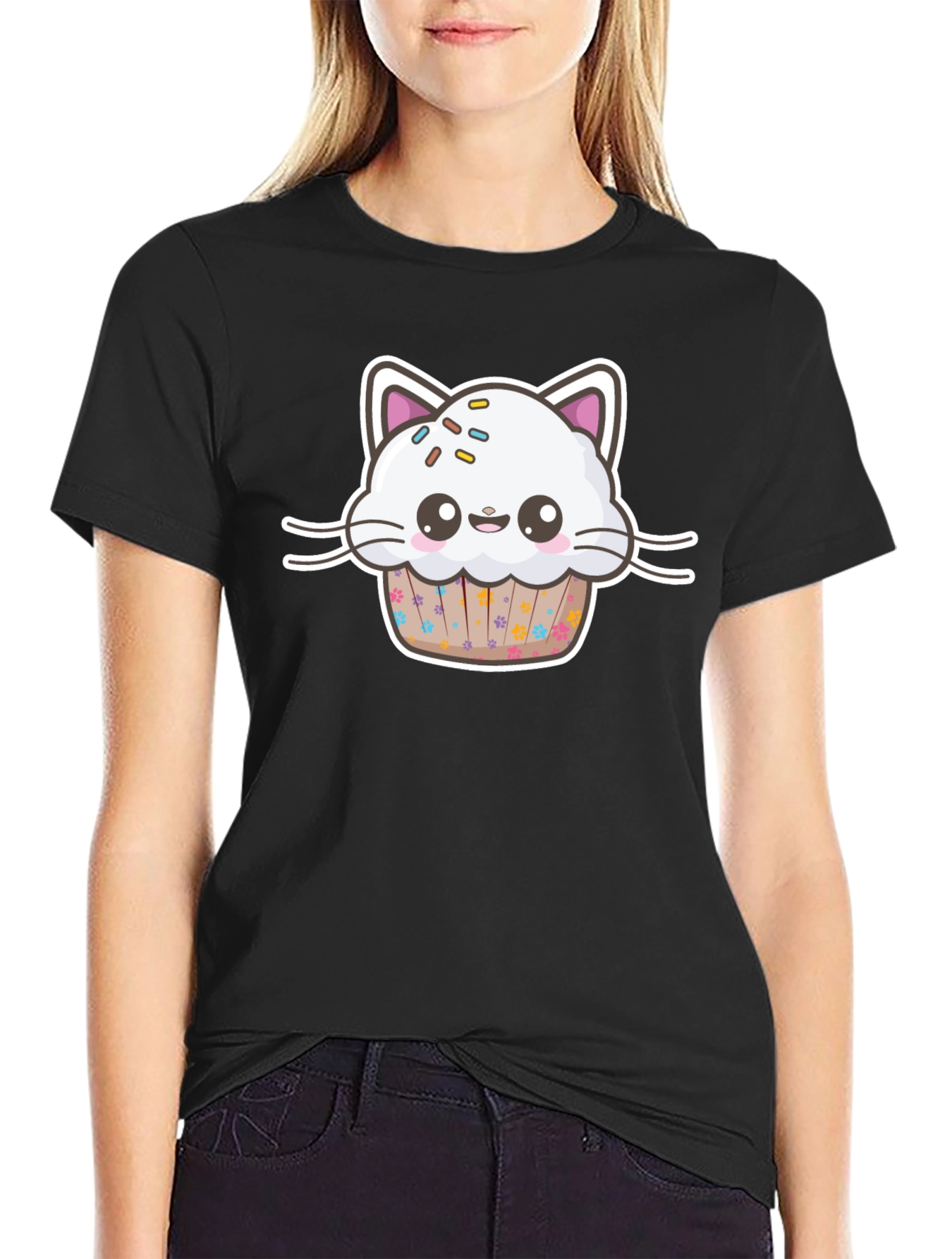 Cute Kawaii Cat Cupcake Black T-Shirt