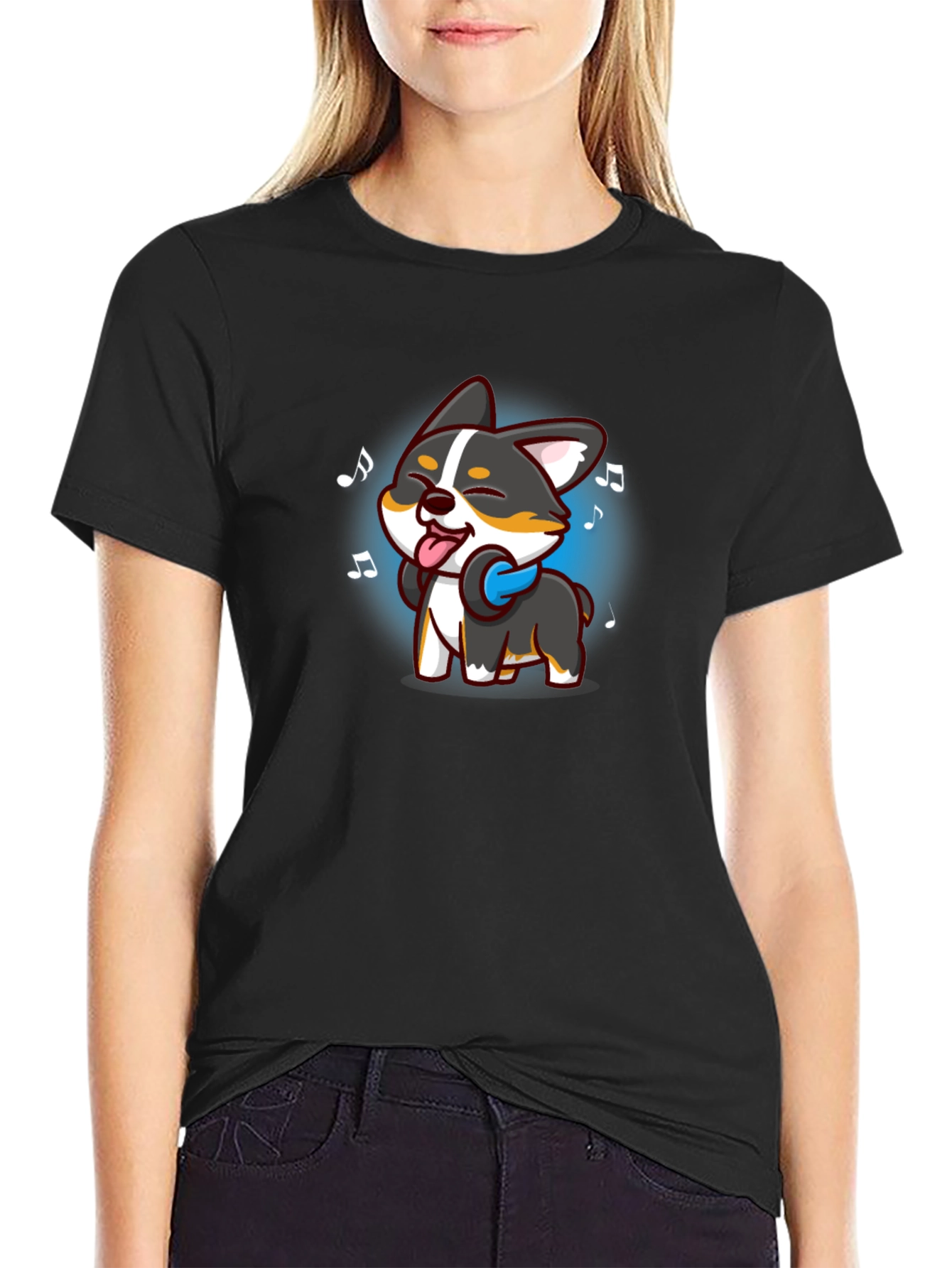 Cartoon Dog Music Lover Black T-Shirt