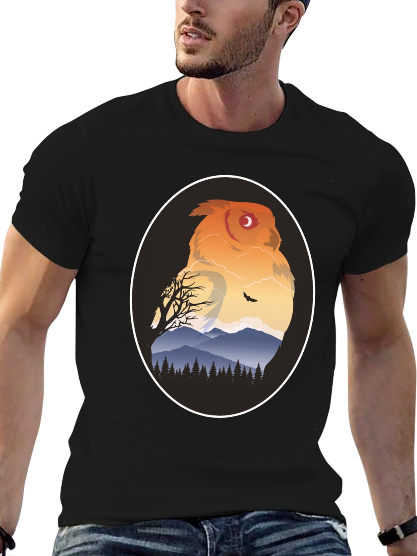 Owl Mountain Graphic Tee - Nature Inspired Black T-Shirt