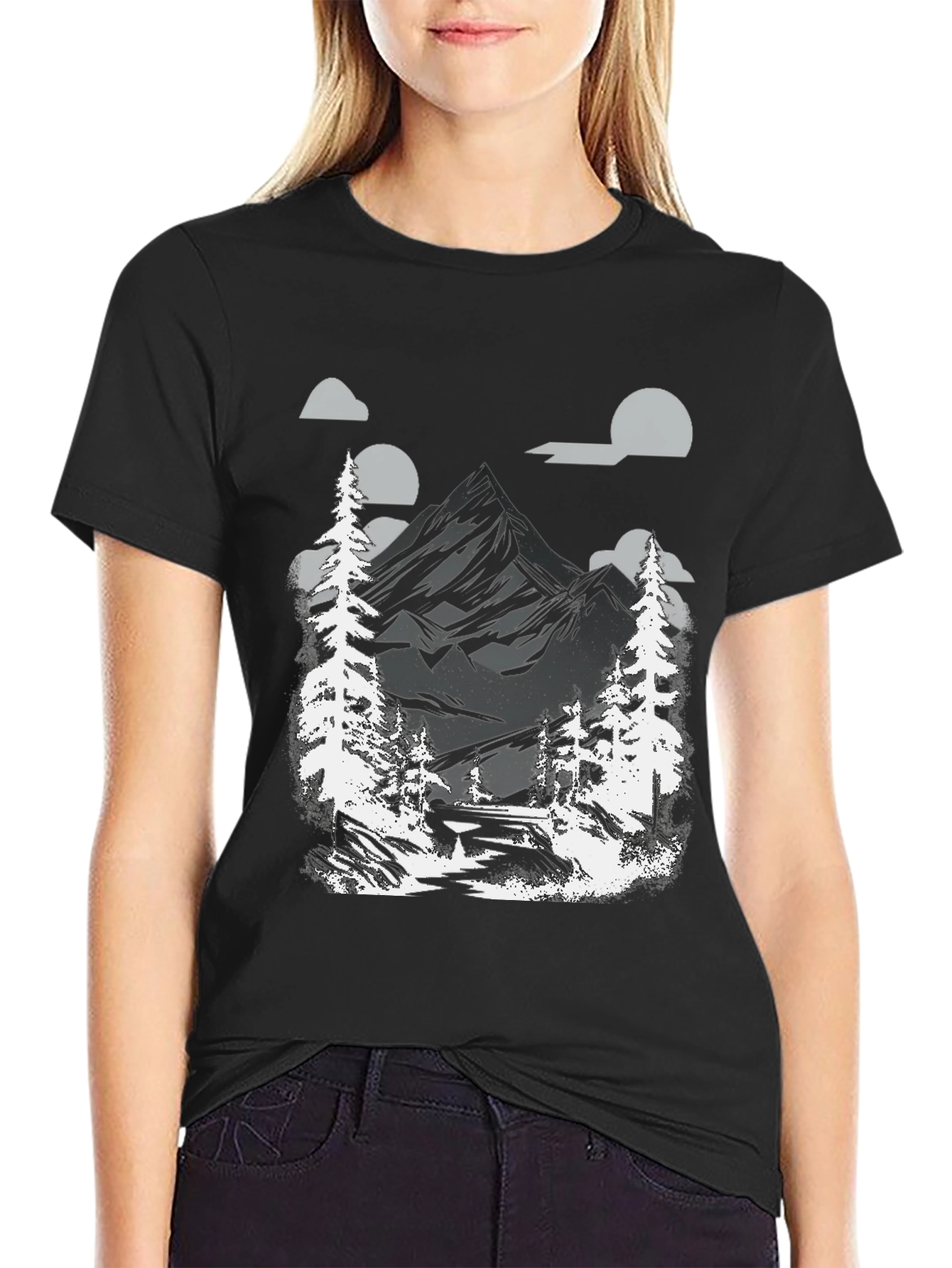 Mountain Scene Graphic Tee - Black Cotton Blend