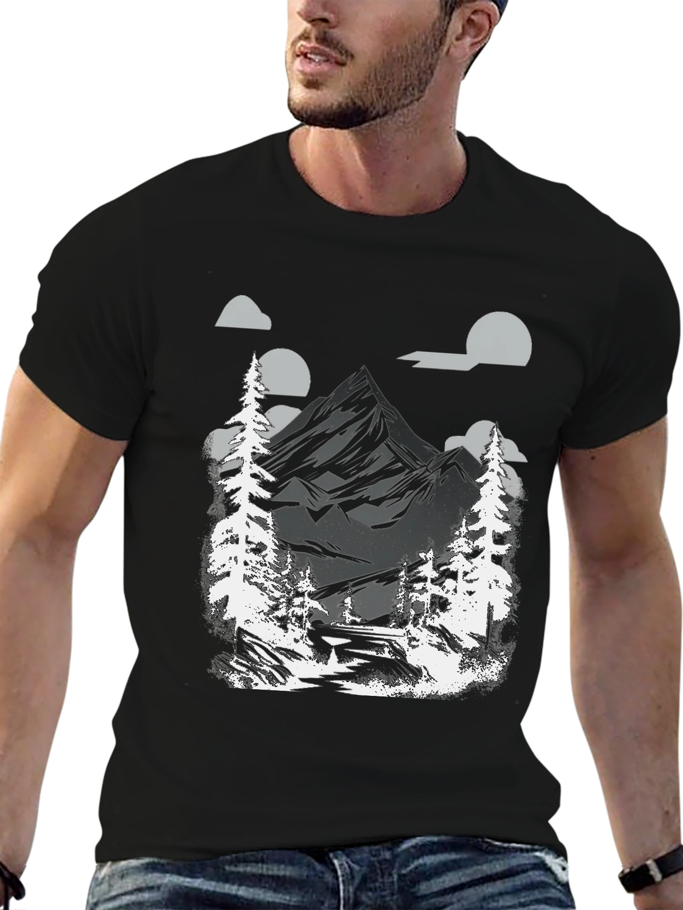 Mountain Scene Graphic Tee - Black Cotton Blend