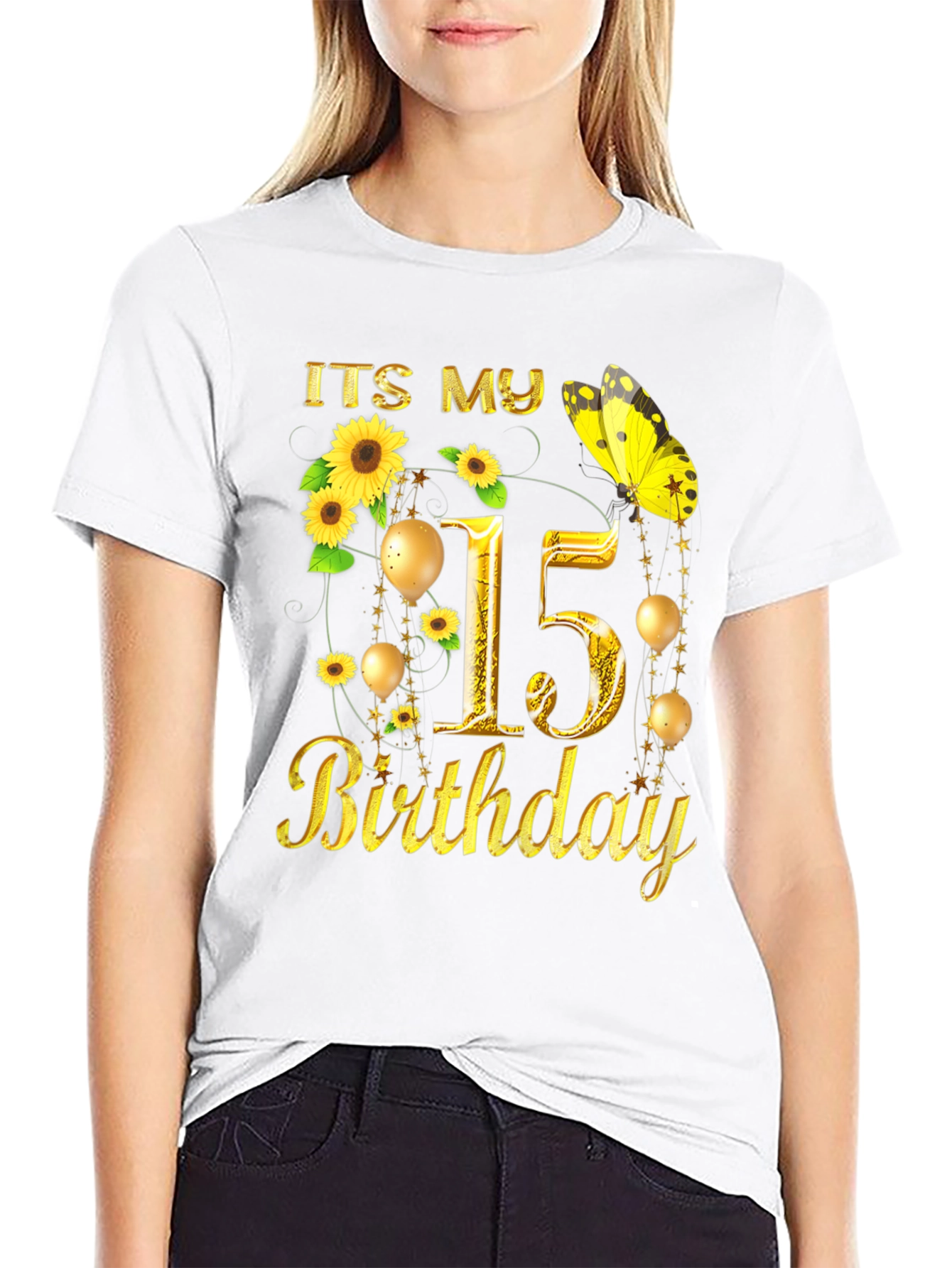 Its My 15th Birthday T-Shirt Sunflower Butterfly