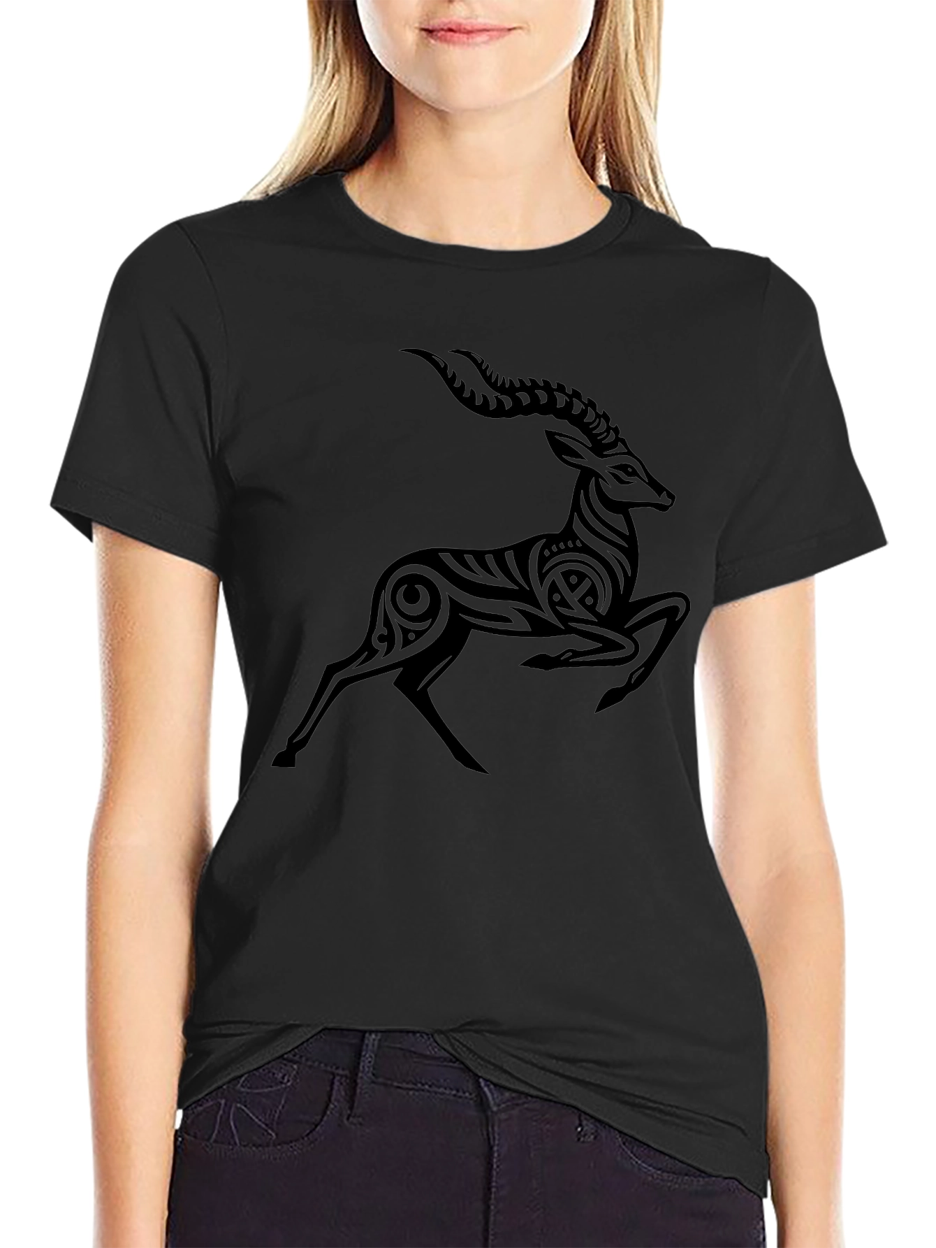 Tribal Antelope Graphic Black T-Shirt