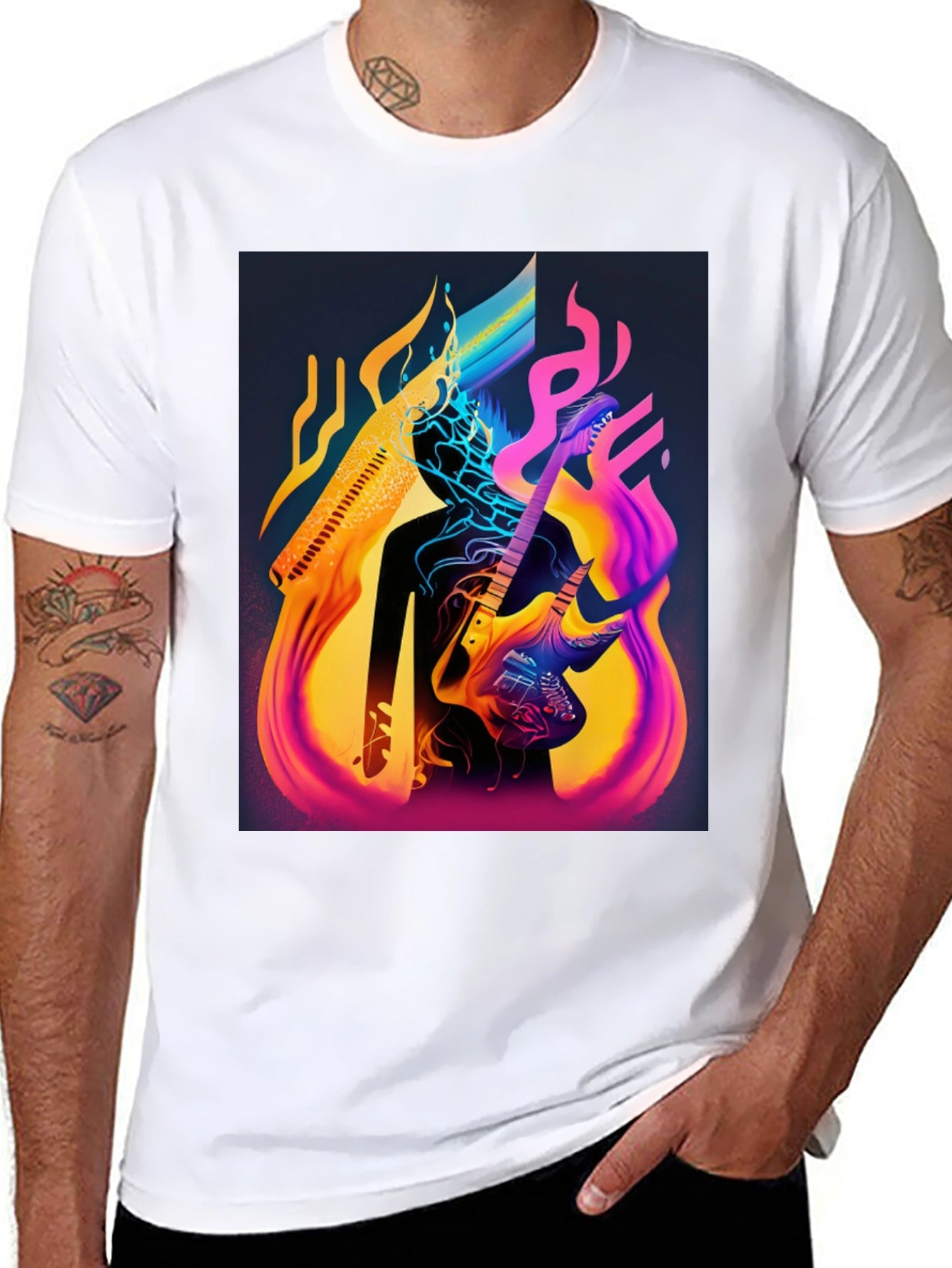 Abstract Guitarist Graphic Tee - Black Cotton Blend