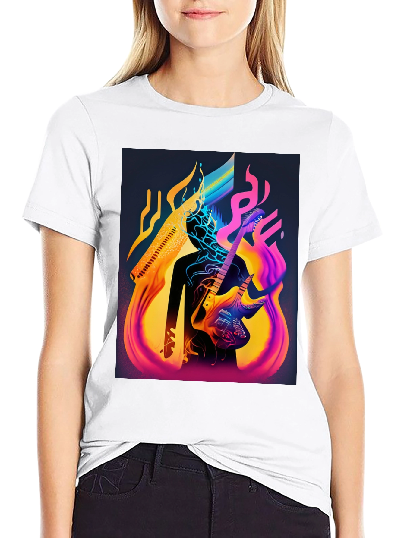 Abstract Guitarist Graphic Tee - Black Cotton Blend