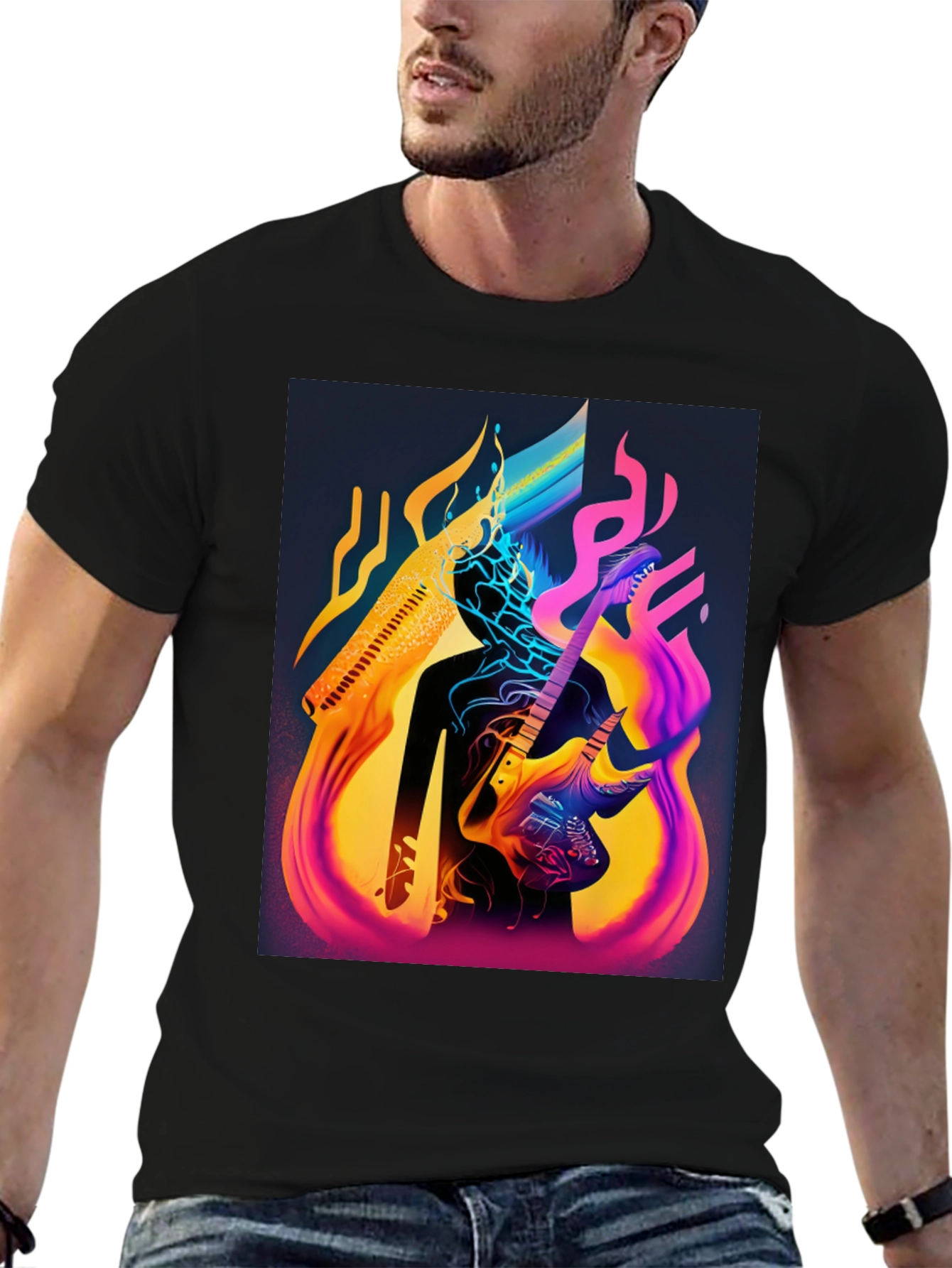 Abstract Guitarist Graphic Tee - Black Cotton Blend