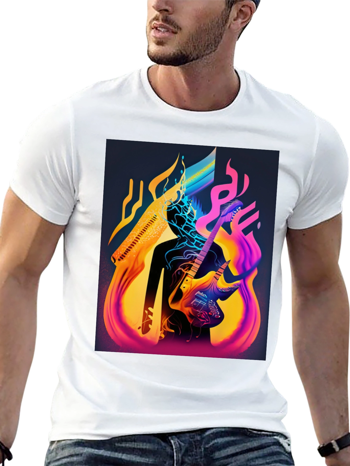 Abstract Guitarist Graphic Tee - Black Cotton Blend