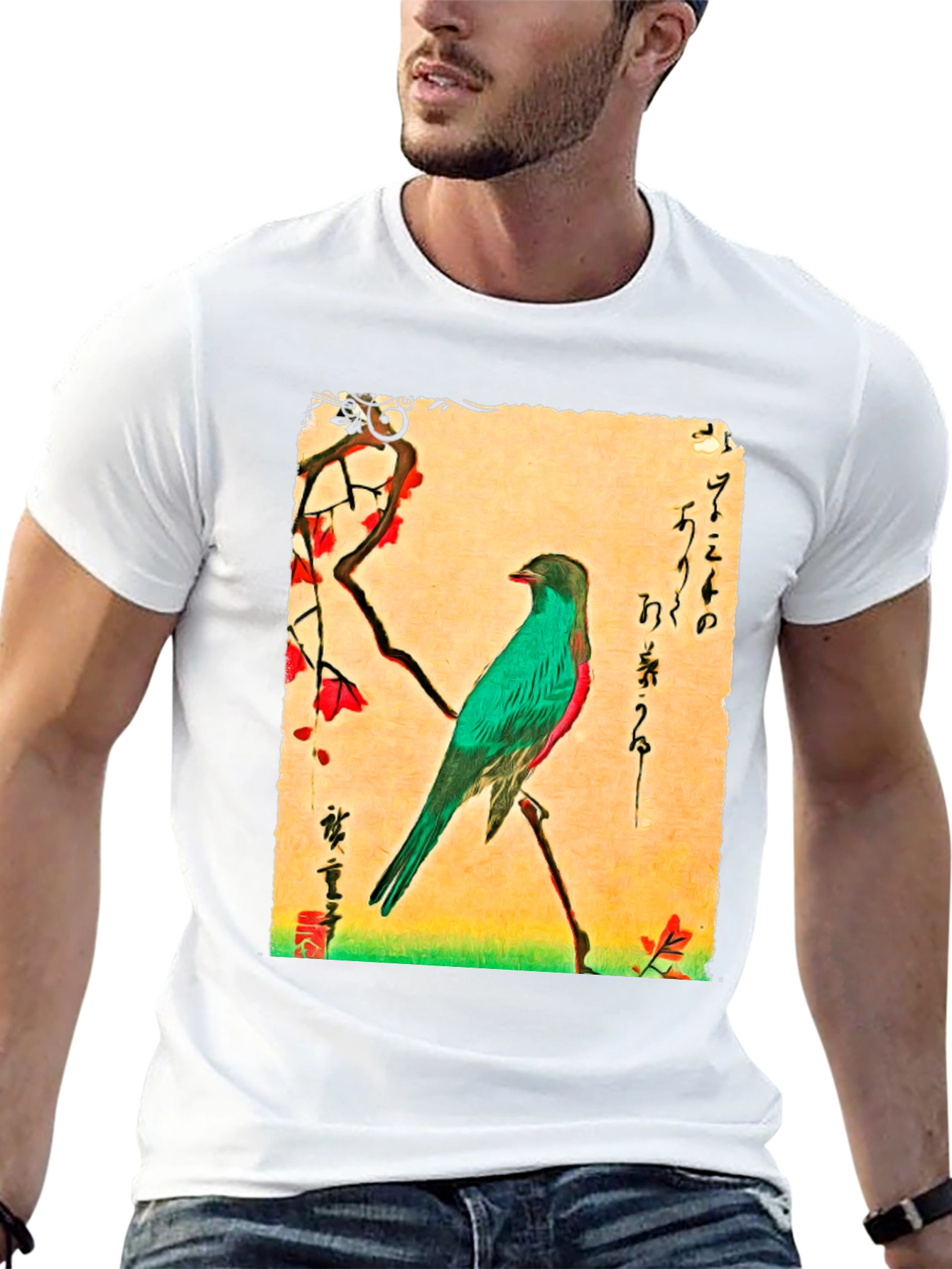 Bird Art T-Shirt: Japanese Ukiyo-e Style