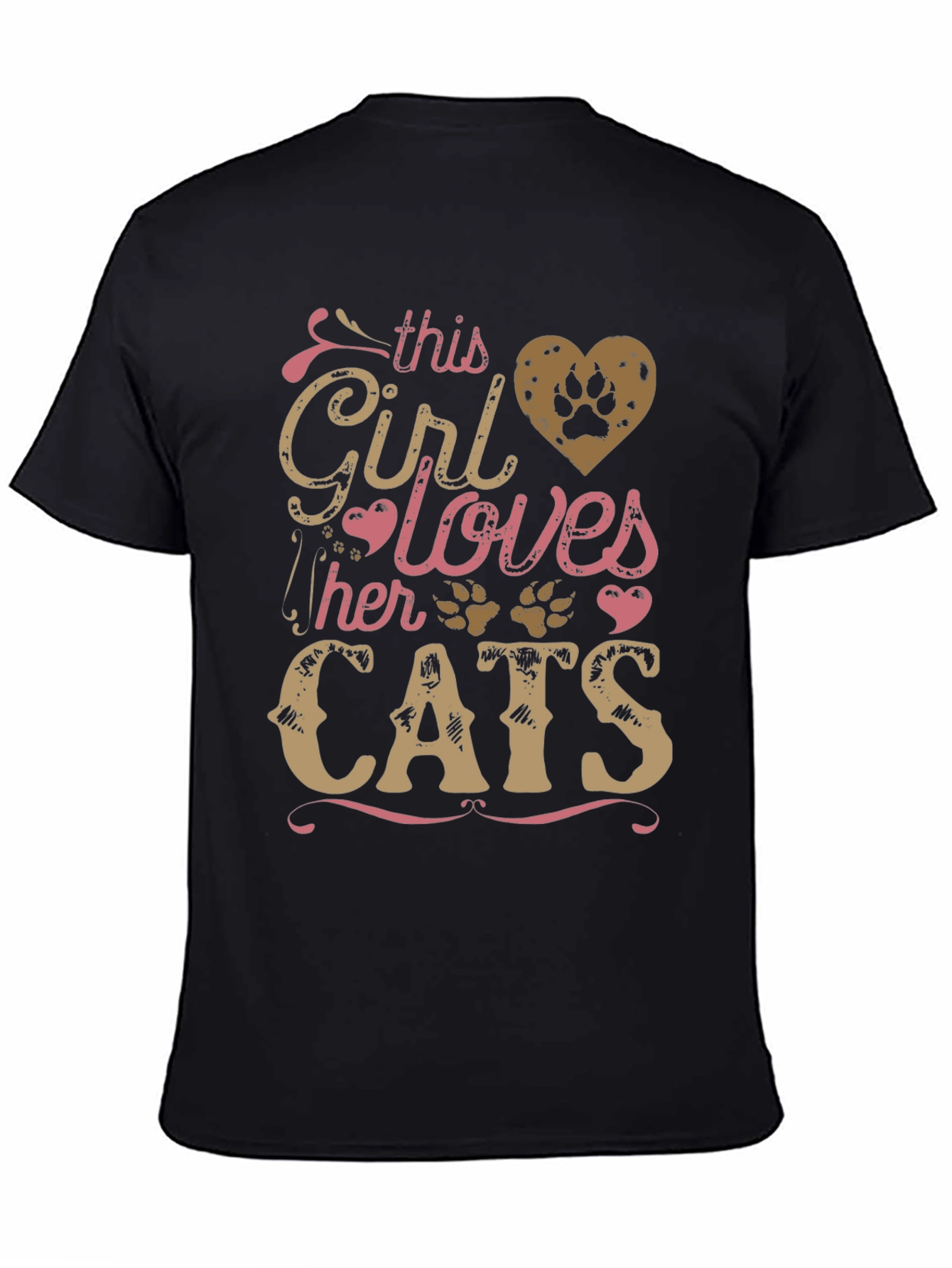 Girl Loves Cats Black T-Shirt Paw Print