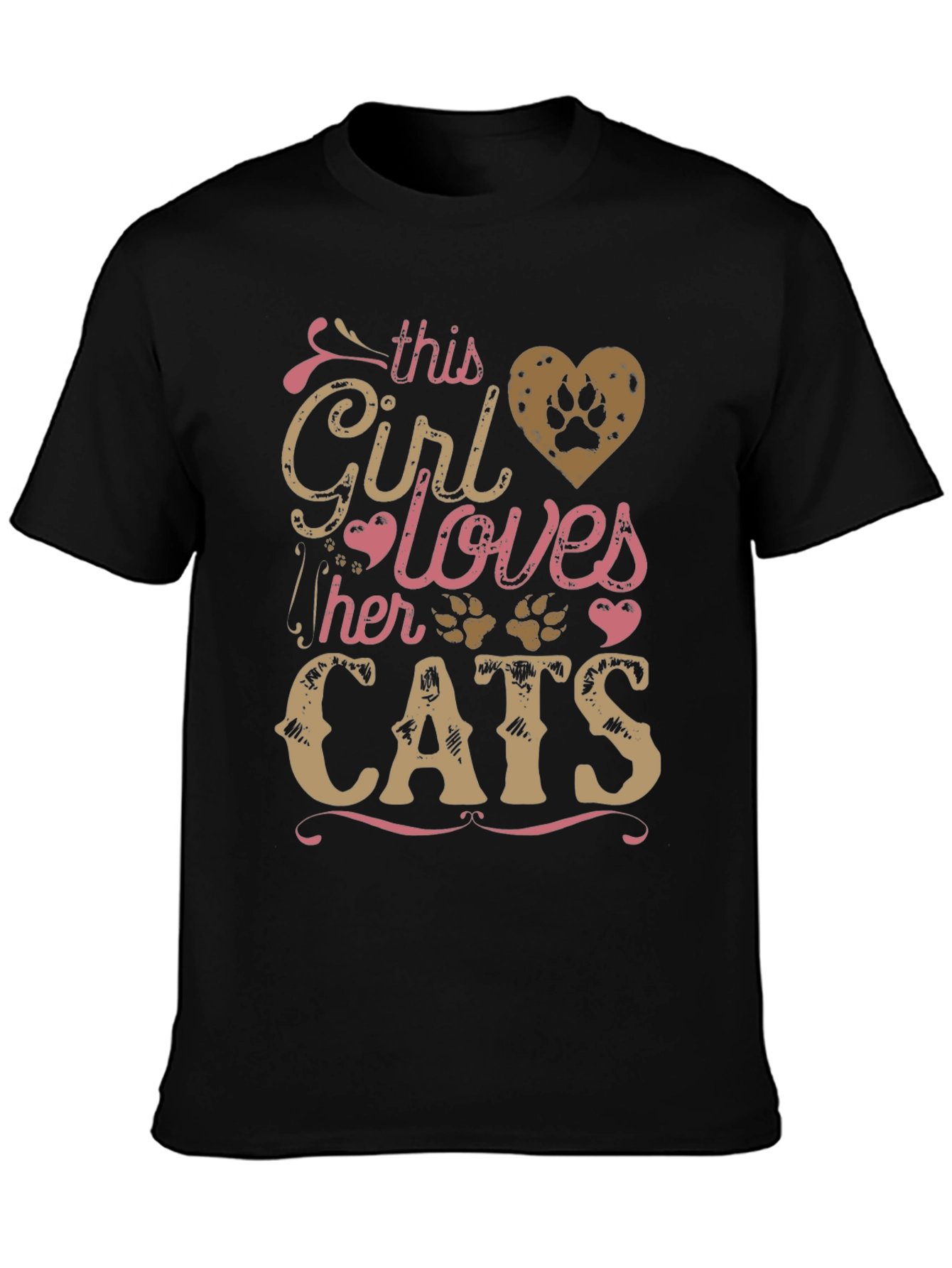 Girl Loves Cats Black T-Shirt Paw Print