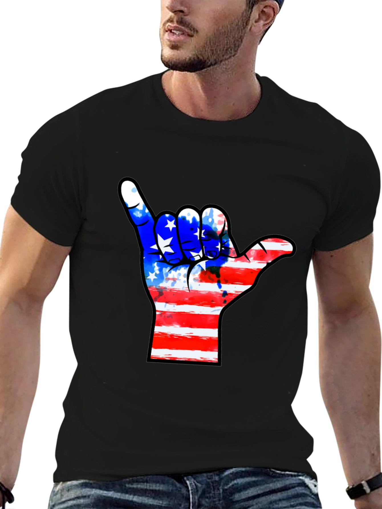 American Flag Shaka Hand Black T-Shirt