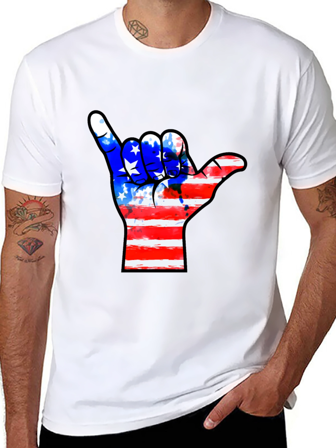 American Flag Shaka Hand Black T-Shirt