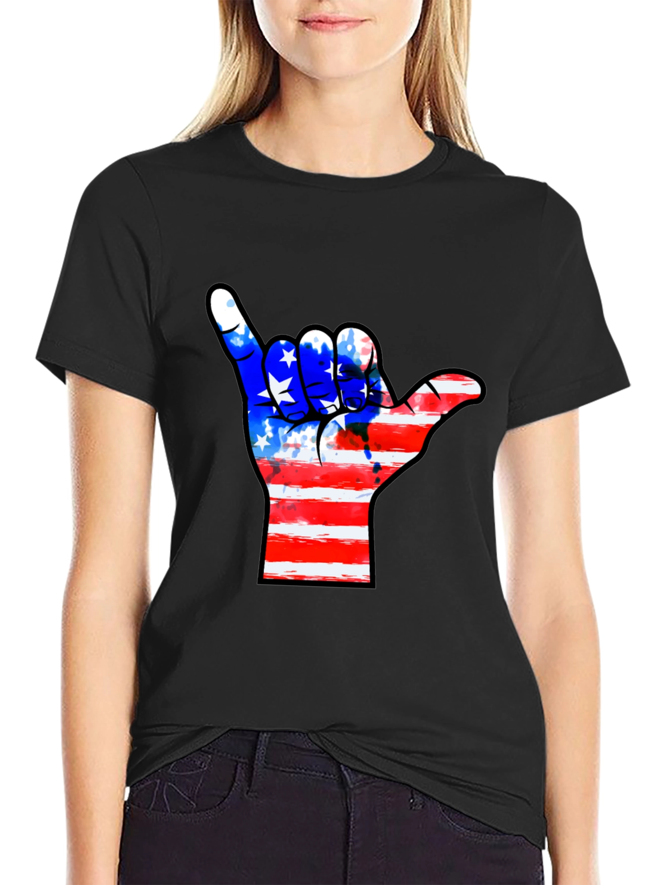 American Flag Shaka Hand Black T-Shirt