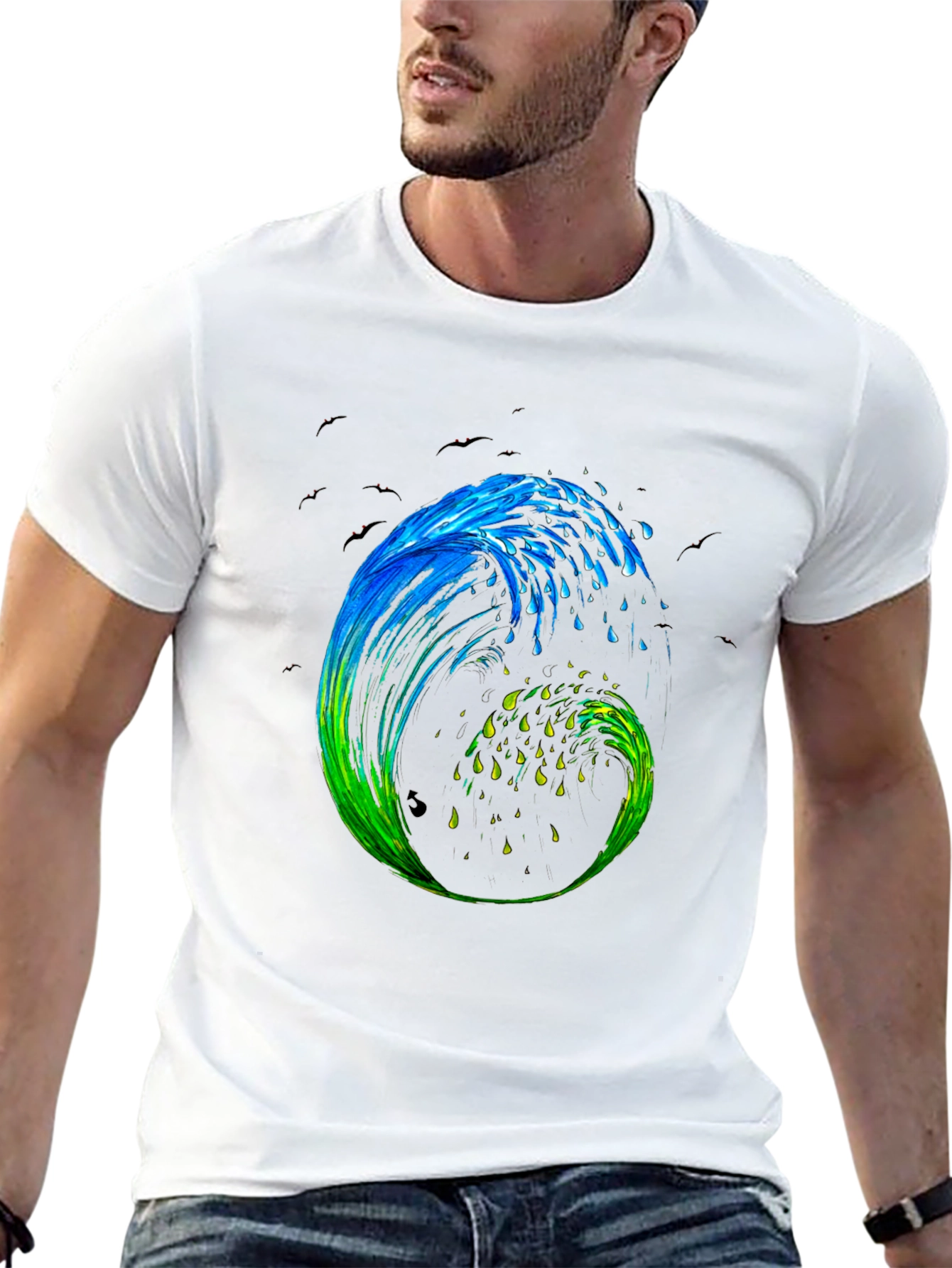 Wave Art Mens Black Graphic T-Shirt