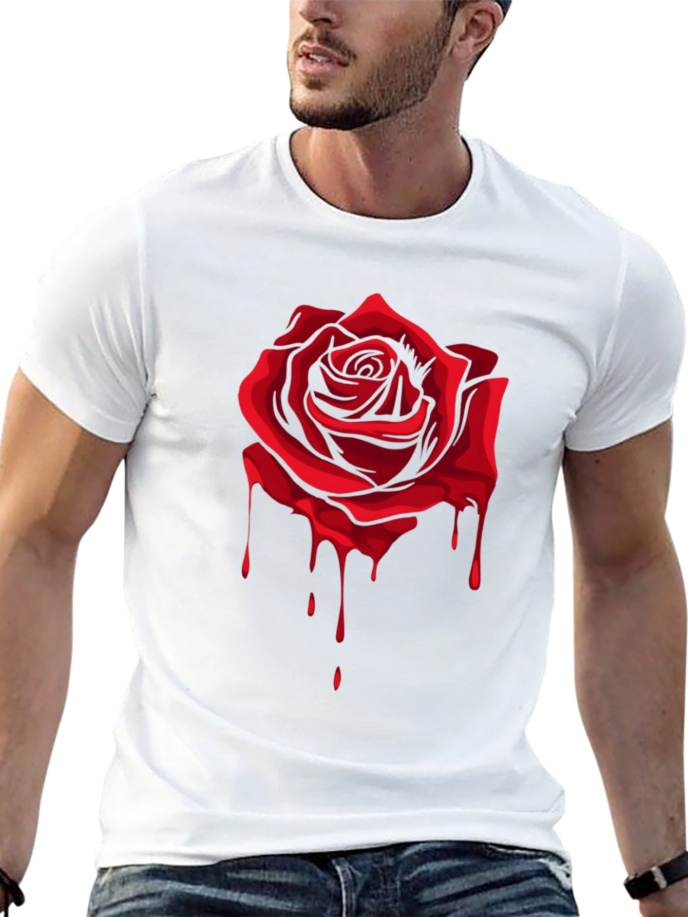 Red Rose Dripping Graphic Black T-Shirt